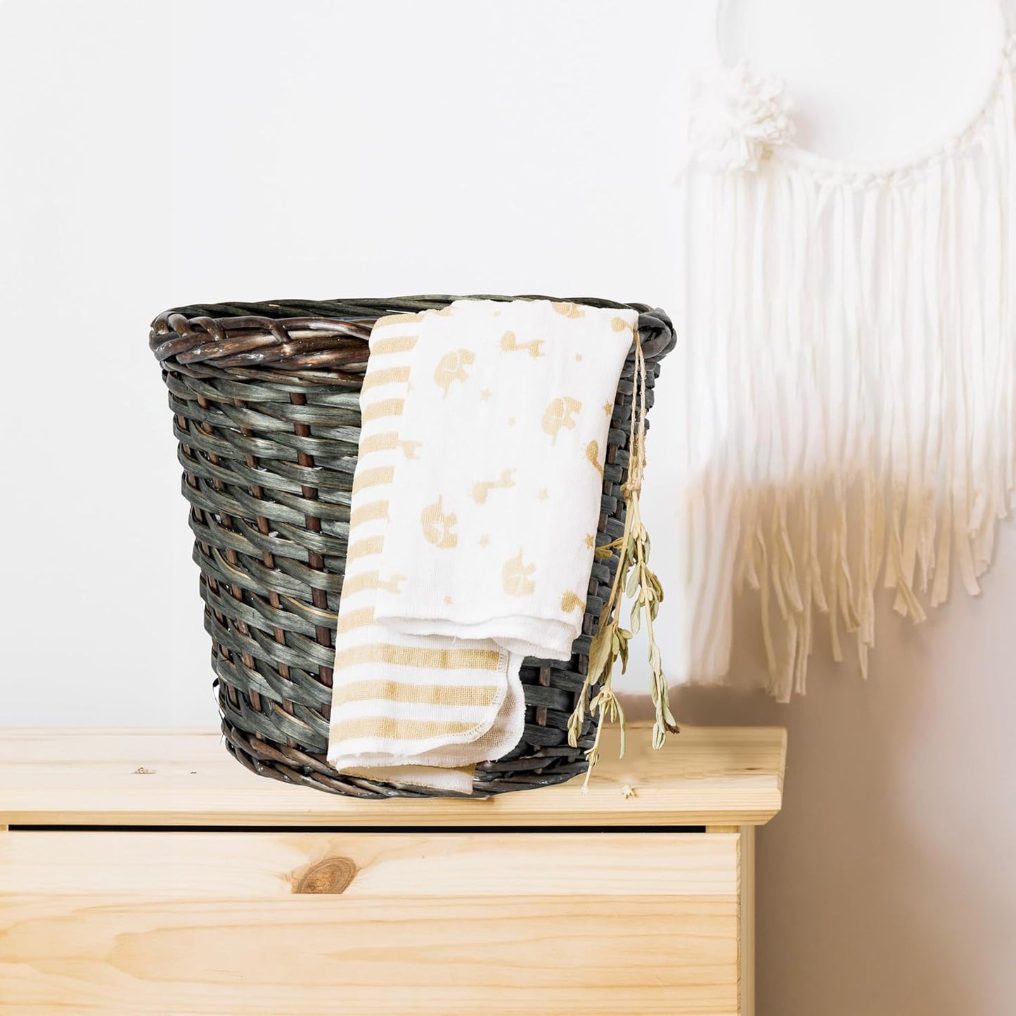Household Essentials Woven Willow Waste Basket with Plastic Liner, Blue/Grey