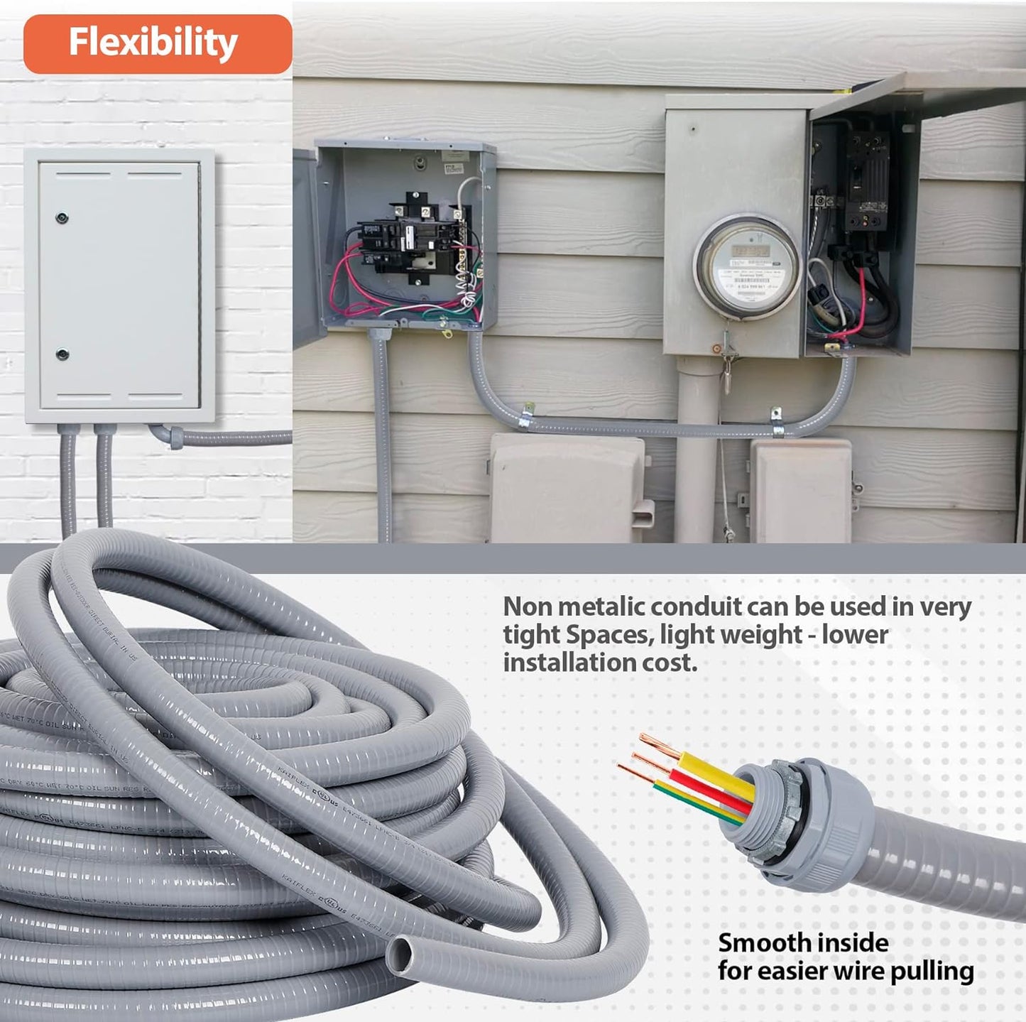 Liquid-Tight Conduit and Connector Kit 1/2inch 25ft, Flexible Non Metallic Liquid Tight Electrical Conduit w/UL Certification, Electrical Conduit Kit with 5 Straight, 5 Angle Fittings