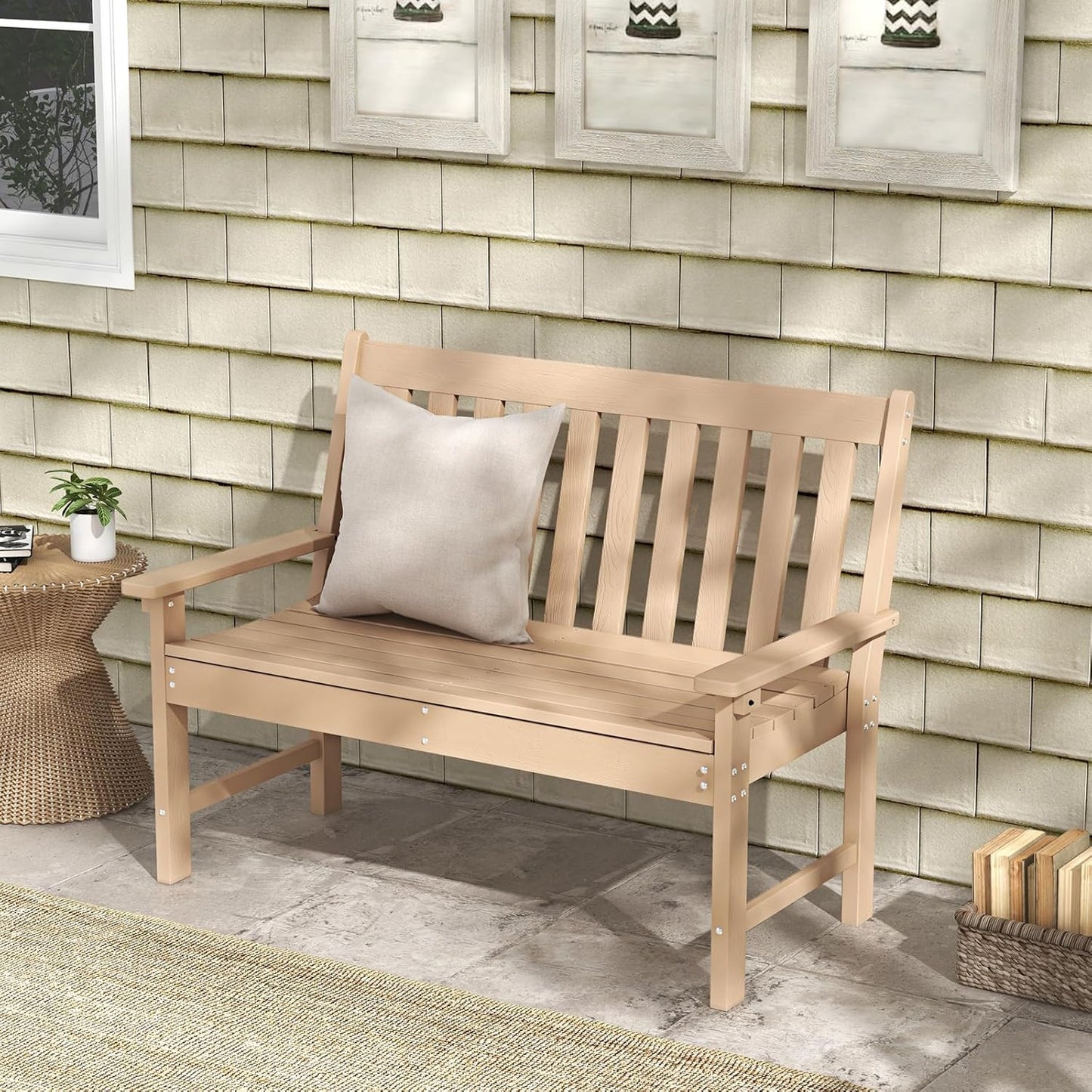 Giantex Outdoor Bench, 52-Inch Outside Bench All-Weather HDPE Park Bench with Backrest and Armrests, 705 lbs Weight Capacity, 2-Person Slatted Patio Bench for Porch, Yard, Lawn, Garden Bench (Teak)