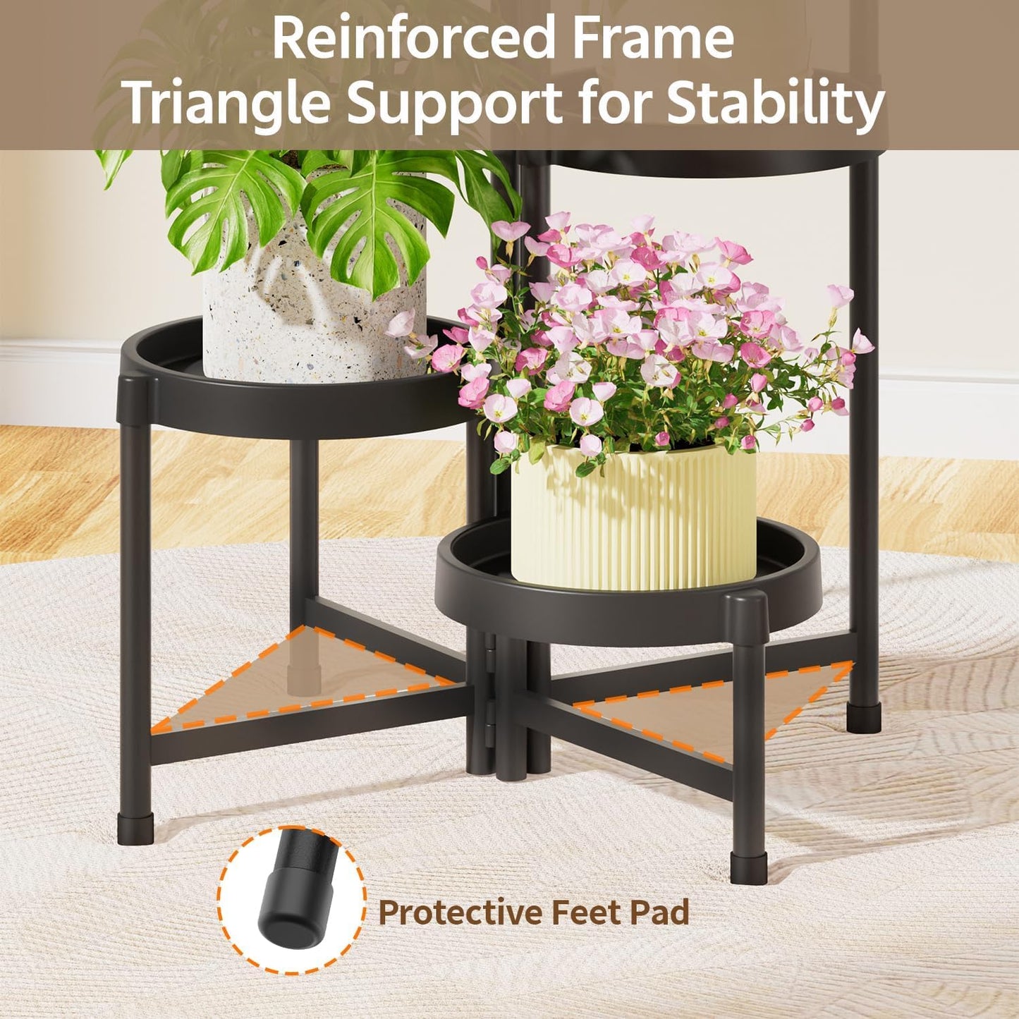 LASZOLA 5 Tiered Folding Plant Stand Indoor for Multiple Large Planter, Tall Heavy Duty Adjustable Rack with Rust Proof Plastic Shelving, Sturdy Vertical Tree Organizer for Narrow Inside Floor, Black