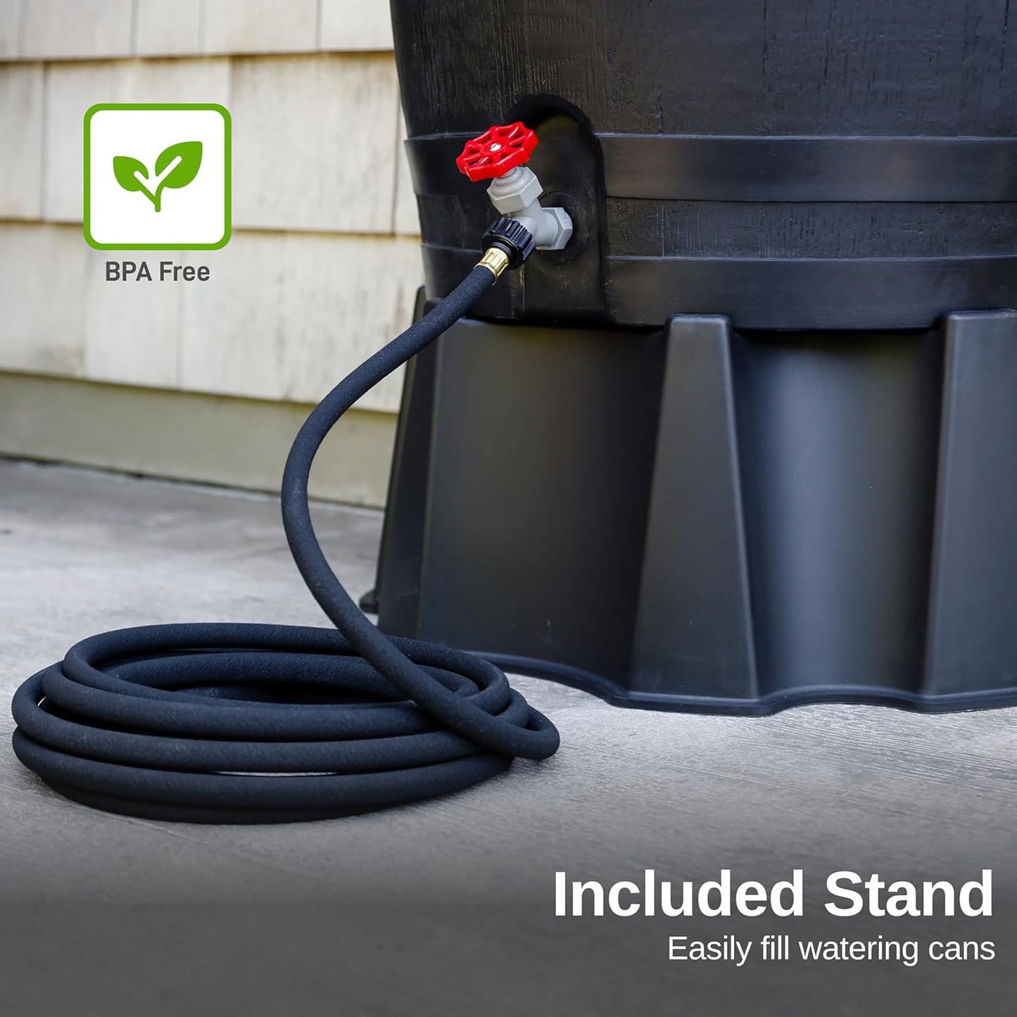 50-Gallon ECO Rain Barrel Made with 100% Recycled Plastic, Flat Back Rain Water Collection Barrel, Stand Included, Black