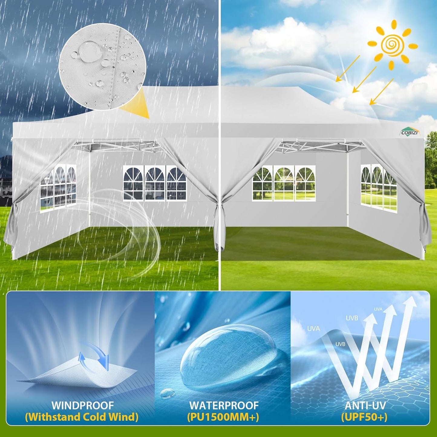 COBIZI 13x26 Pop Up Tent 13x26 Canopy with Sidewalls Heavy Duty Canopy Party Tent for Parties, Outdoor Wedding Large Event Tent Wind Waterproof UPF 50+ Ez Up in Garden Lawn with Roller Bag, White