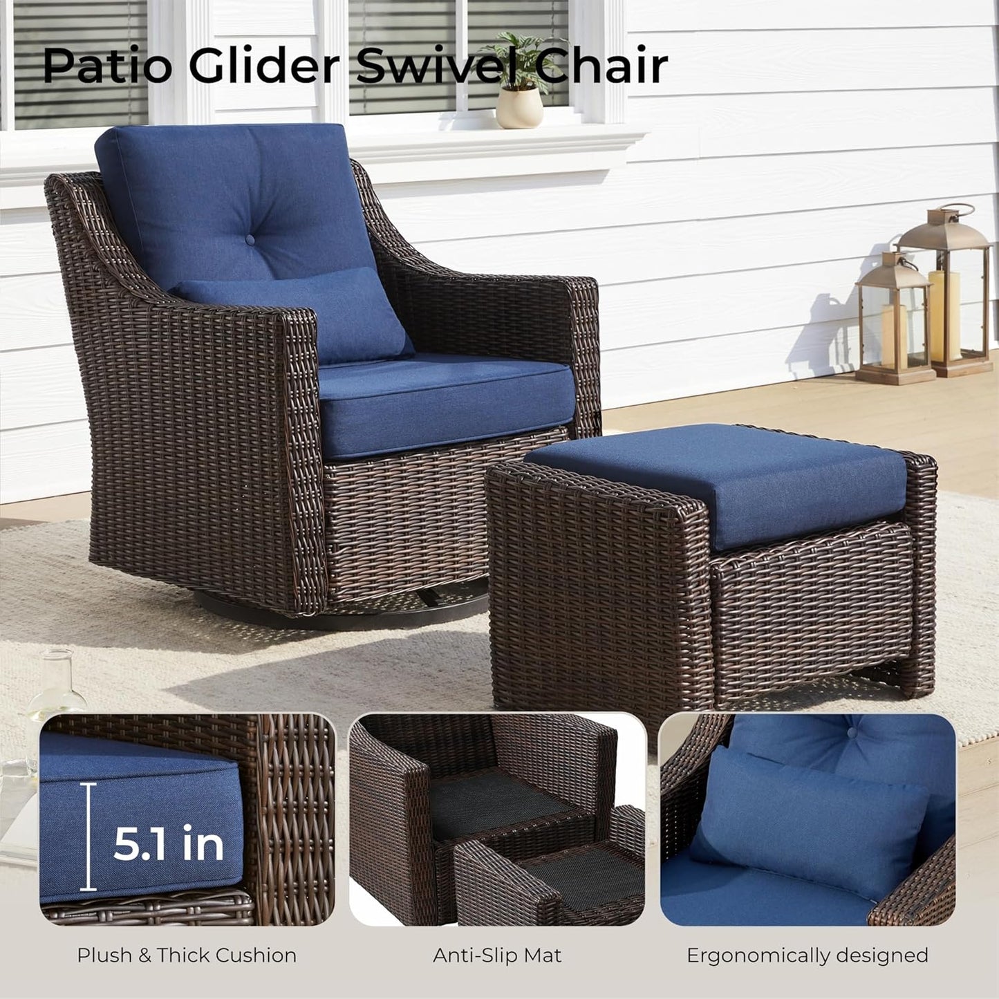 CHITA 3 Pieces Wicker Patio Bistro Set, Outdoor Furniture Set with 2 Pieces Rattan Rocking Swivel Chairs, Thickened Cushions and Side Table
