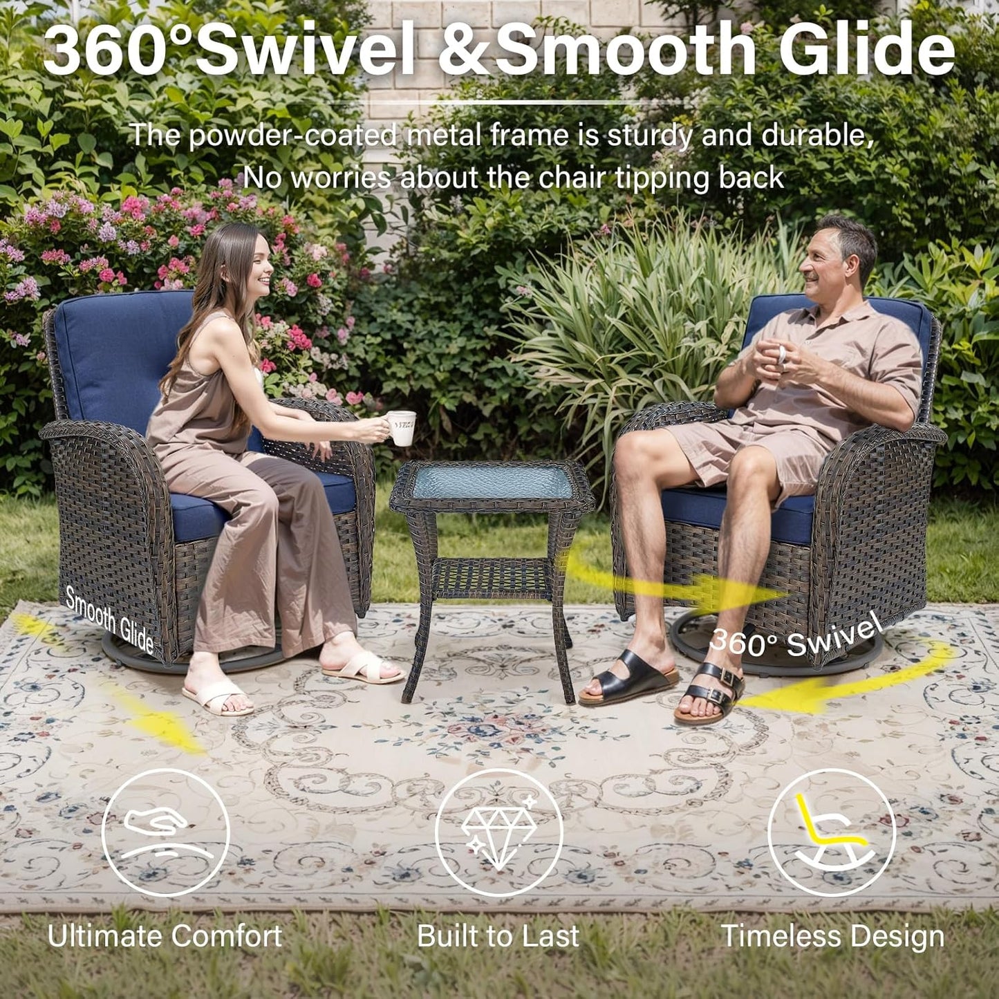 8 Piece Patio Furniture Set with 50000 BTU Propane Fire Pit Table, Outdoor Conversation Set with 2 Swivel Rocker Chairs Wicker Sofa and Ottomans for Casual Gatherings