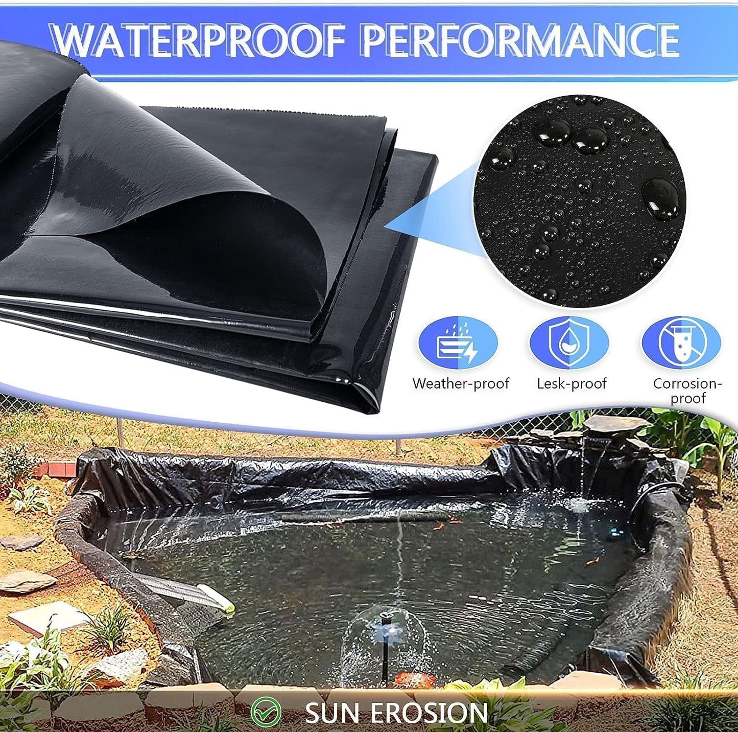 ToLanbbt Pond Liner 15 FT x 15 FT HDPE Pond Liners, 20 Mil UV Resistant Preformed Pond Liner Easy Cutting, Pond Liner for Natural Looking Ponds, Waterfall, Koi Pondsand Water Garden (Black)