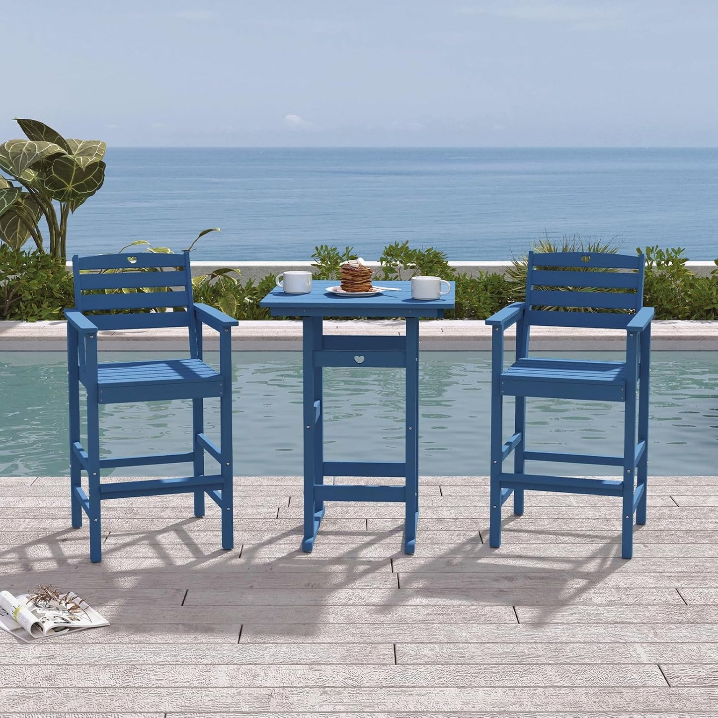 Tall Adirondack Chairs Set of 4, HDPE Wood Balcony Adirondack Chairs Set with Heart Cutout Design, Weather-Resistant Bar Height Furniture for Deck, Porch, Pool (Navy Blue)