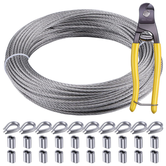 1/8" Wire Cable, 200ft Wire Rope Metal Cable with Loop Sleeve, Steel Thimble Cutter, 7x7 Marine Stainless Steel Strand Core Perfect for Deck Railing System, Outdoor Hanging kit, Garden Fence