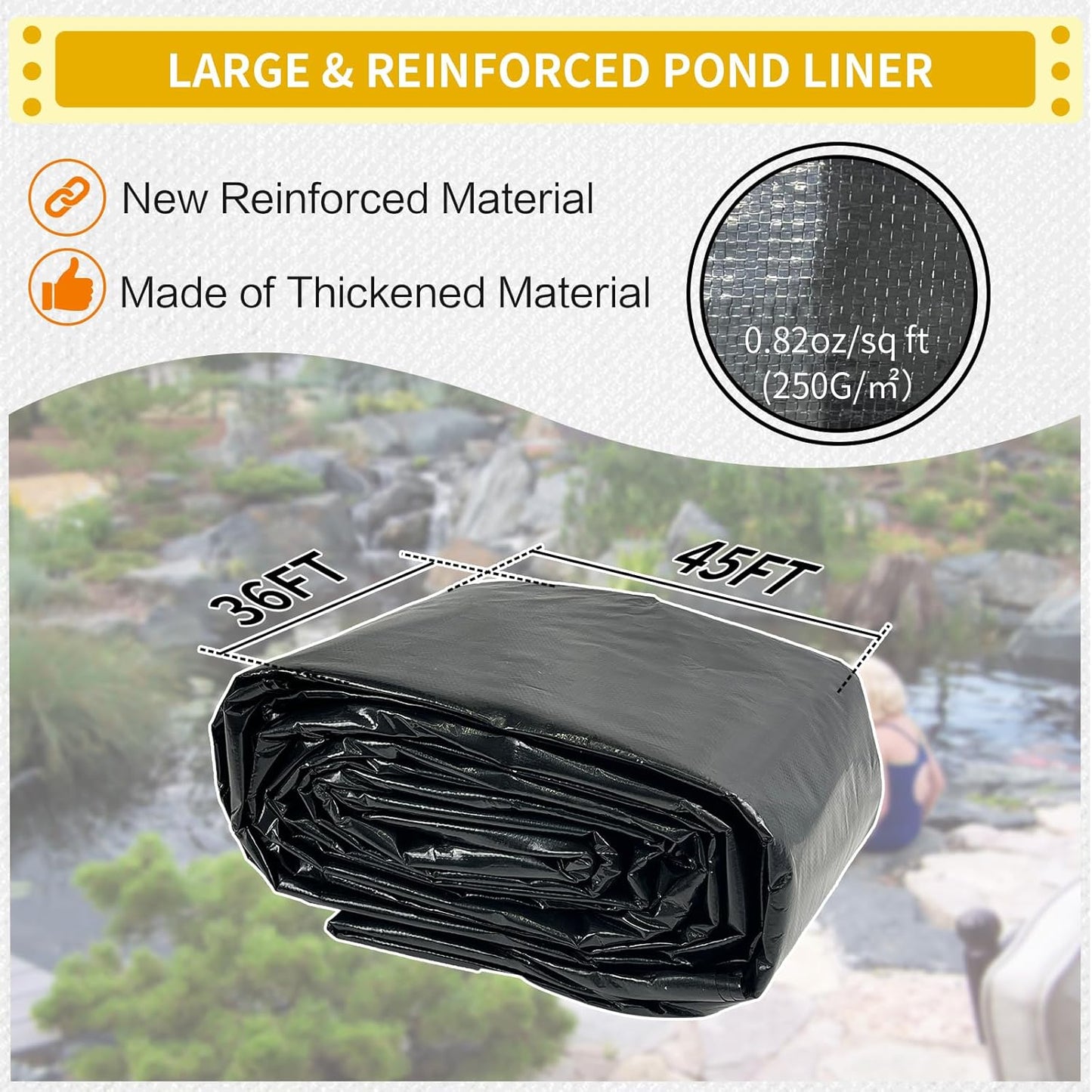 yeezoo 36X45FT Reinforced Large PE Pond Liner, KOI Pond Liners for Outdoor Ponds, Enhanced 5-Layer Structure Pond Liner for Fish, Duck, Garden Raised Bed and Waterscape Pond(0.82oz/sq ft Thickness)