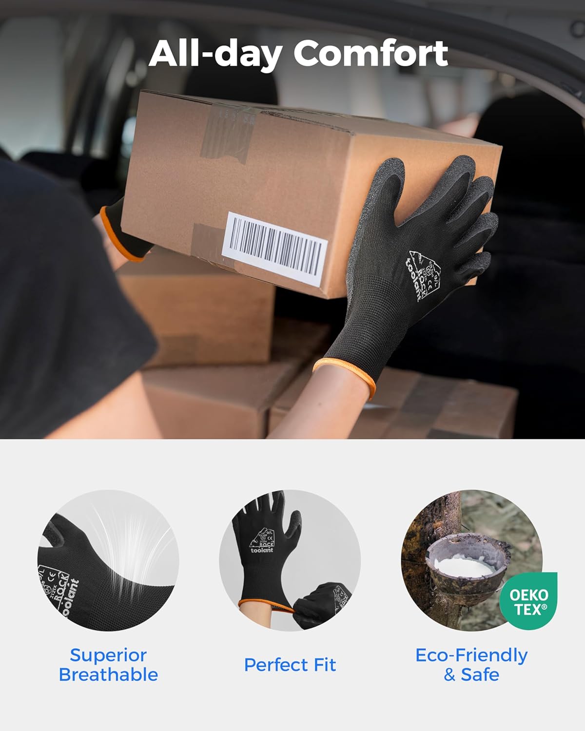 toolant Crinkle Latex Work Gloves Bulk, Rubber Coated Safety Work Gloves for Men and Women, 12 Pairs for Construction, Gardening, Warehouse (Black, XL)