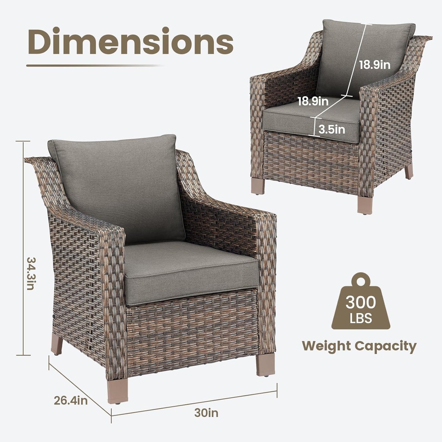 Outdoor Wicker Patio Chairs Set of 4 - Heavy Duty Outside Rattan Lawn Chair for Front Porch Balcony Backyard Yard Deck Poolside Apartment – Brown/Grey