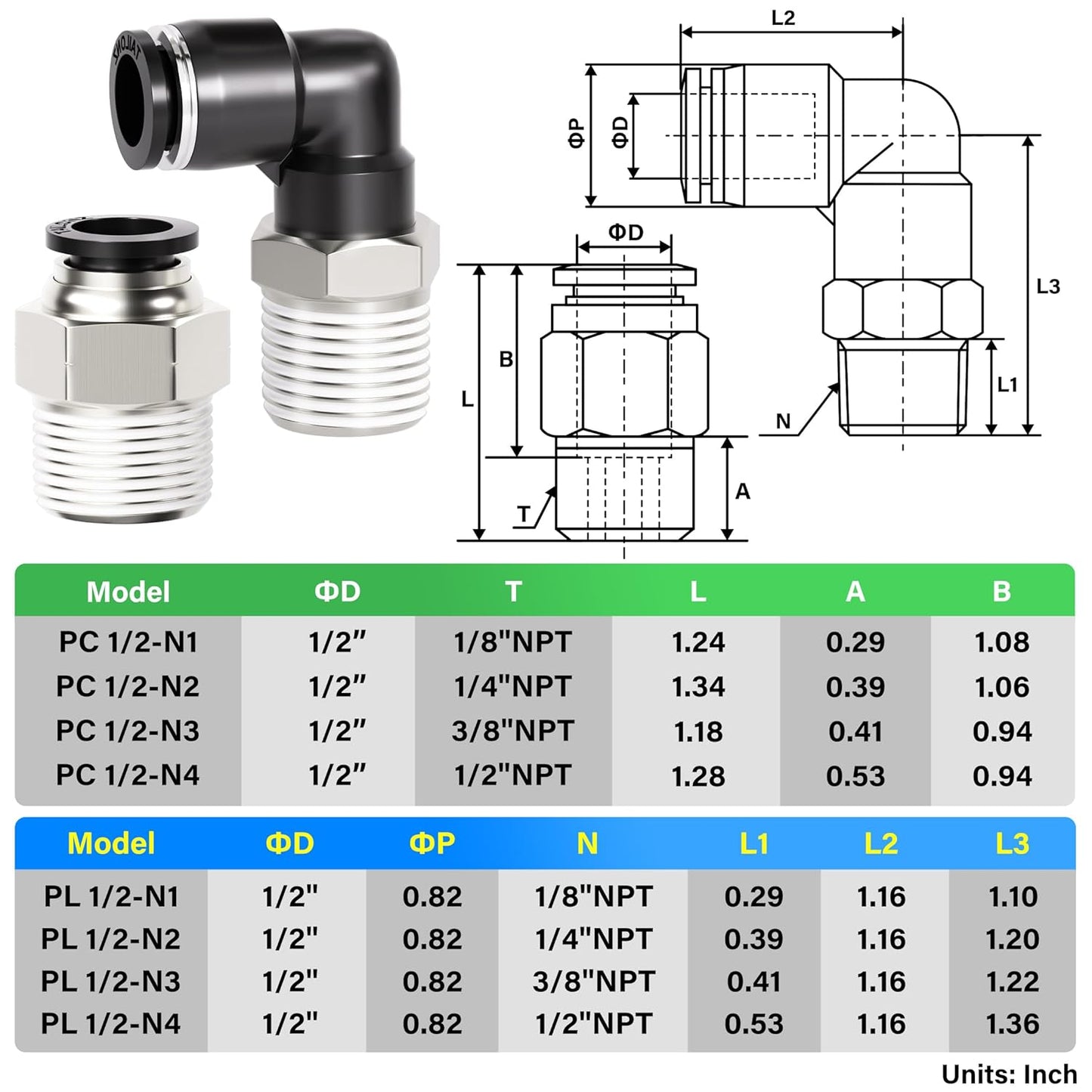 TAILONZ PNEUMATIC Elbow and Straight Combination 1/2 Inch Tube OD x 3/8 Inch NPT Thread Push to Connect Fittings PC-1/2-N3+PL-1/2-N3(Pack of 4)