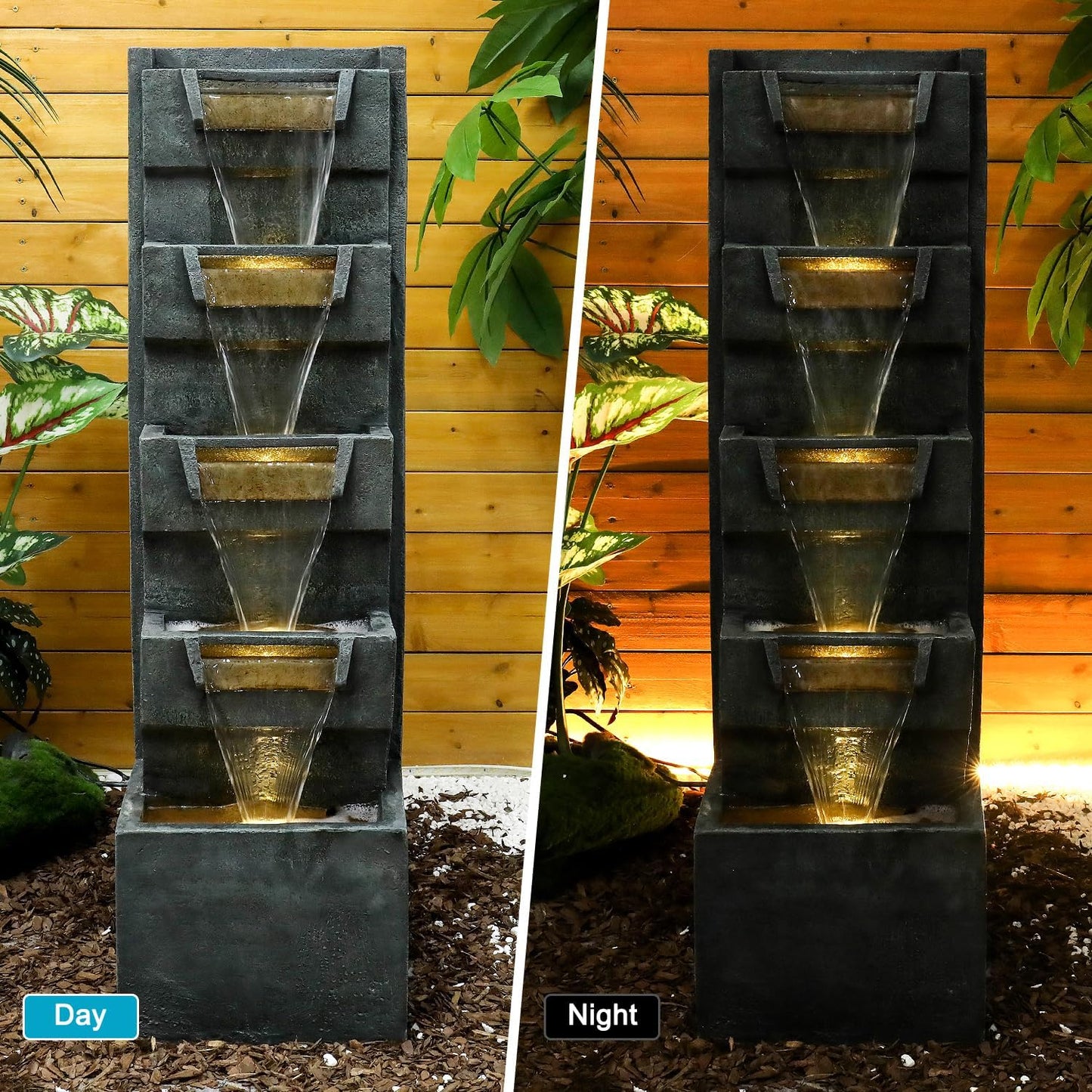 39.3" H Modern Water Fountain 5-Tier Outdoor Garden - Water Fountain w/LED Lights Cascading Waterfall Features for Home Garden Backyard Decor
