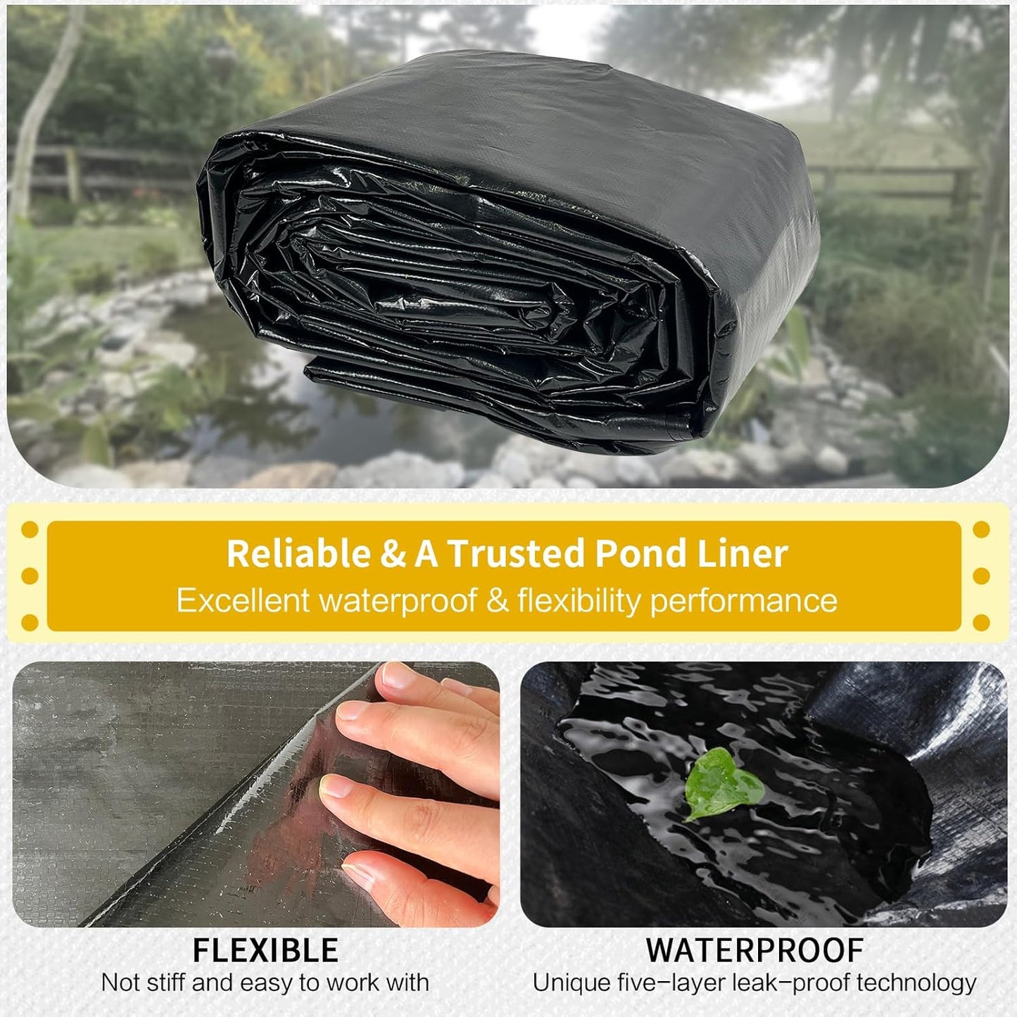 yeezoo 30X40FT Reinforced Large PE Pond Liner, KOI Pond Liners for Outdoor Ponds, Enhanced 5-Layer Structure Pond Liner for Fish, Duck, Garden Raised Bed and Waterscape Pond(0.82oz/sq ft Thickness)
