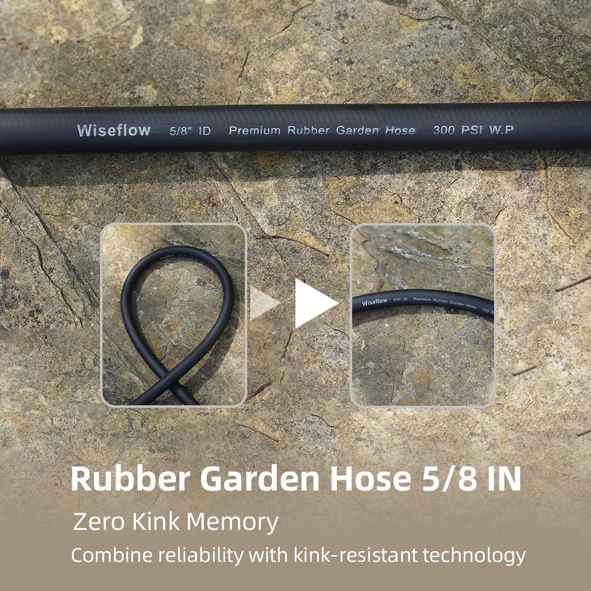 WiseFlow Garden Hose 50FT x 5/8", Heavy Duty Rubber Hose, 1000PSI Burst, 300PSI Working, Water Hose with Five Layered Braiding, Male Female Fittings (Black)