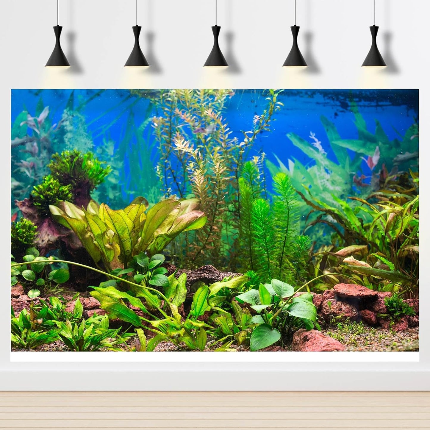 Aquarium Background Various Underwater Grass Plants Aquarium Backdrop Vivid and Fresh Green Aquatic Plants Stone River Bed and Dead Wood Purple Stone Fish Tank Background 72x16in