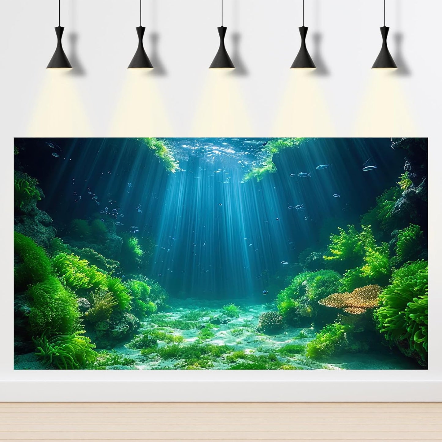 Aquarium Background Aquatic Plants Soft Algae Terrarium Backdrop Underwater World Fish Rock with Moss Sunlight Rays Fish Tank Background Aquarium Wallpaper Poster Decor Vinyl 72x24in
