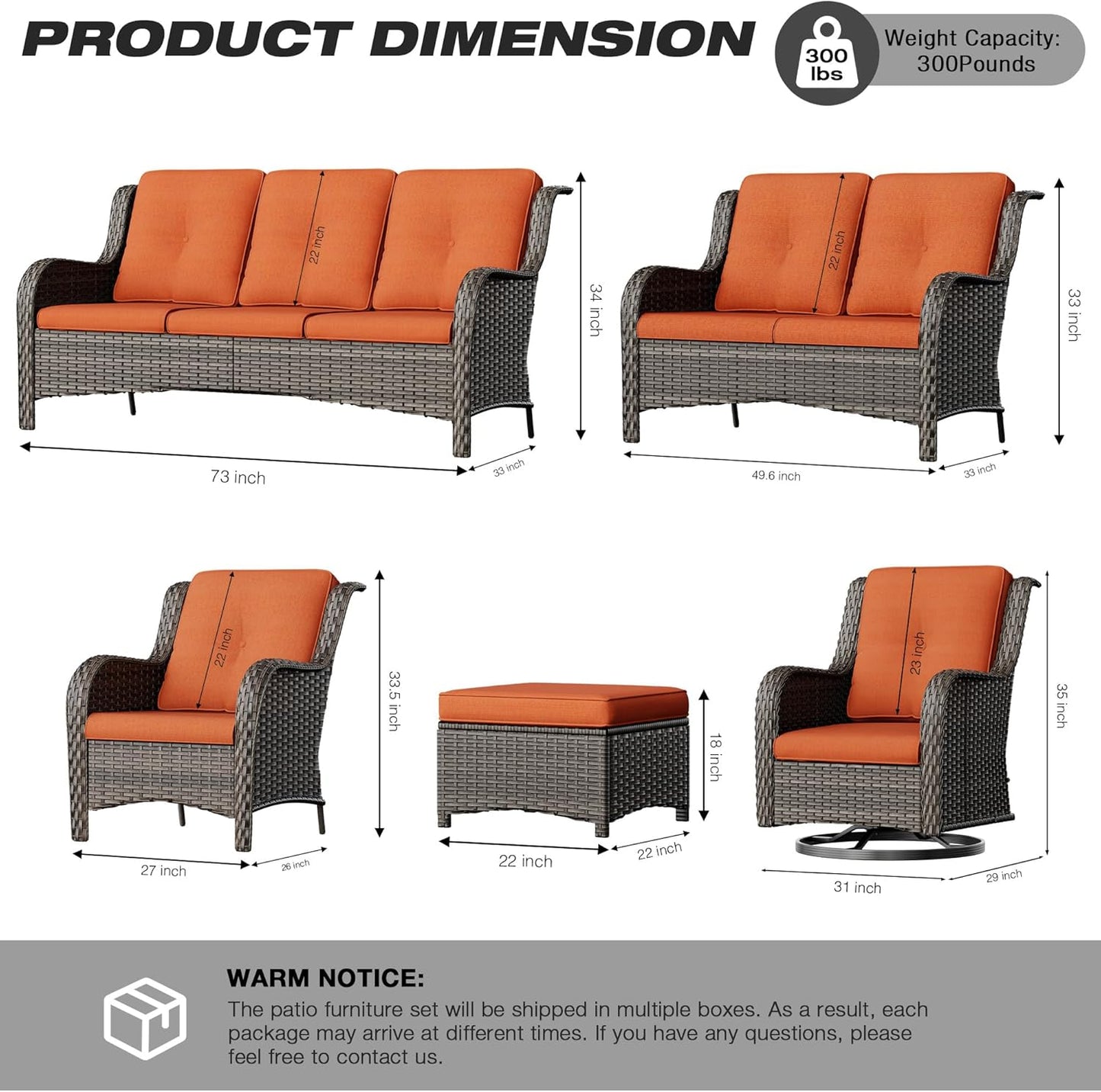 Joyside Wicker Patio Furniture Sets 7 Piece Set with One 3-Seat Sofa, Four Armchairs, Two Ottomans, Wicker Outdoor Furniture Sectional Conversation Set(Mixed Grey/Orange)
