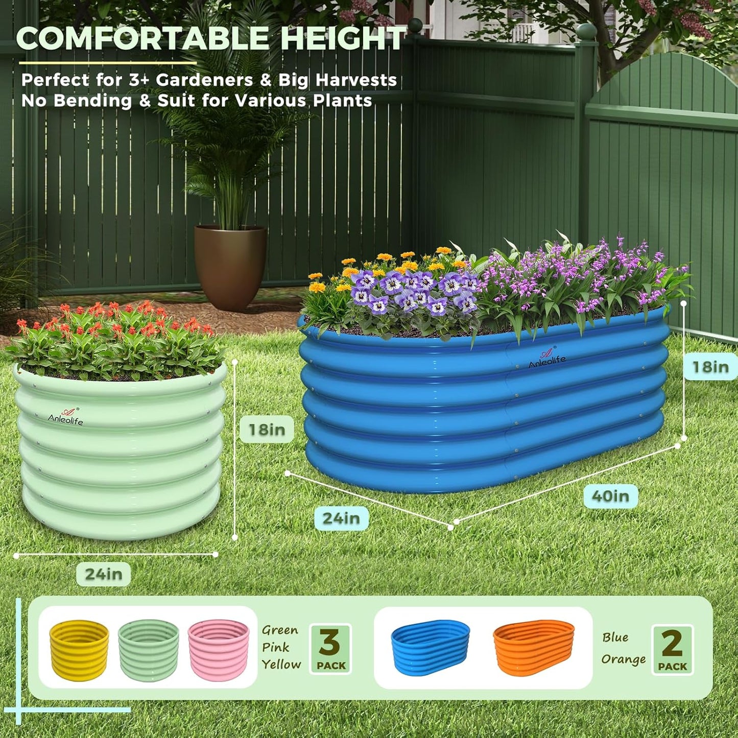 A ANLEOLIFE 5-Pack 18in Tall Kids Raised Garden Beds Outdoor, 40x24in Oval & 24x24in Round Galvanized Metal Planter Box for Planting Vegetables, Flowers, Fruits, Eco-Safe & Easy Setup