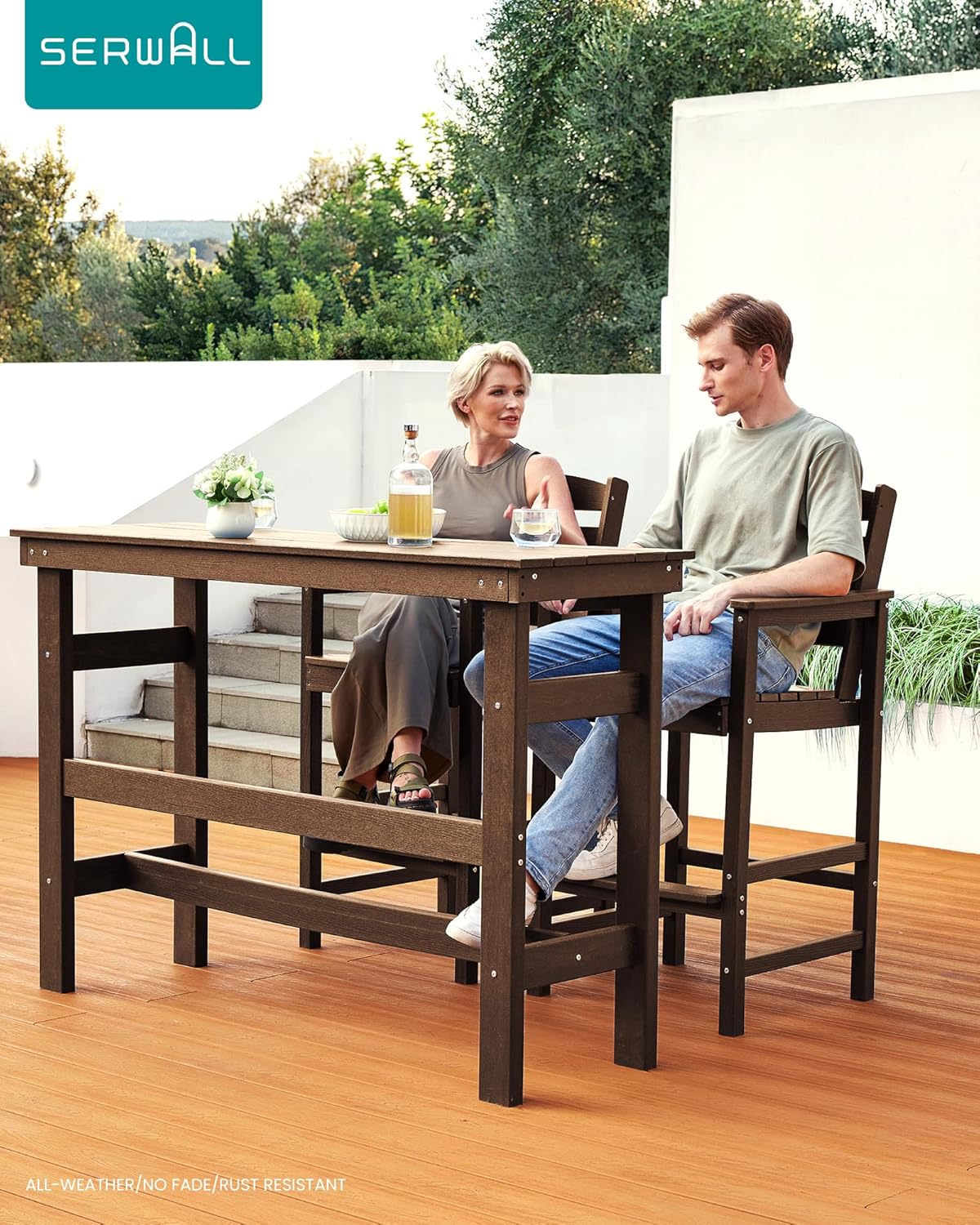 SERWALL Outdoor Bar Table and Chairs Set, Adirondack Bar Chairs Set of 2 and Bar Height Table, All Weather HDPE Outdoor Patio Bar Set, Outdoor Furniture for Outside, Poolside, Backyard, Garden, Coffee