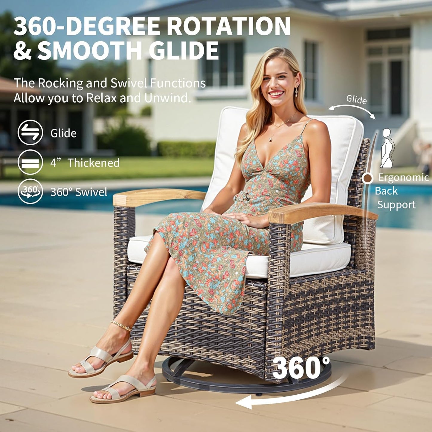 9 Piece Outdoor Patio Furniture Set, Half-Moon Curved Sectional Set with Wood Armrests, Patio Conversation Set, Tempered Glass Coffee & Side Tables（Brown）