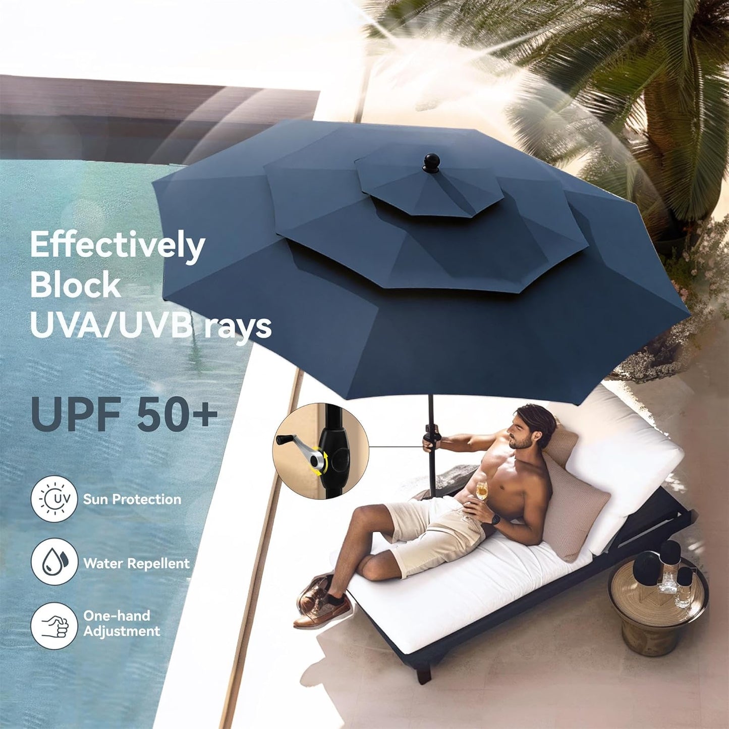 PHI VILLA Patio Dining Set with Umbrella for 4, Outdoor Table & Chairs Set with 4 Padded Swivel Patio Dining Chairs, 1 Metal Dining Table and 10ft Navy Blue Large Patio Umbrella (No Umbrella Base)