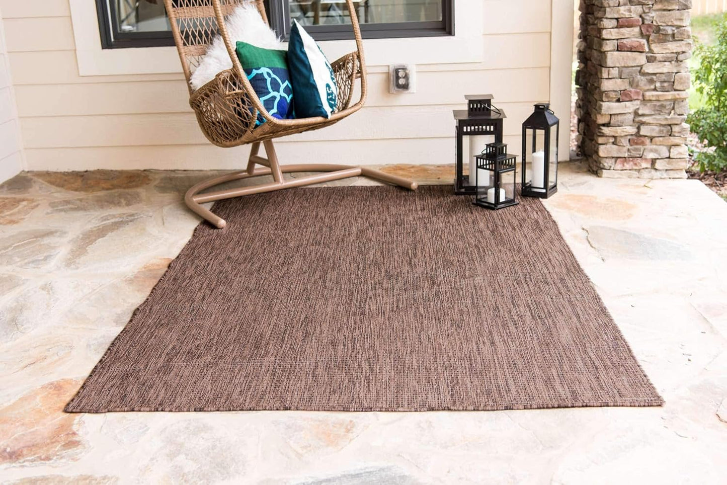 Unique Loom Collection Casual Transitional Solid Heathered Indoor/Outdoor Flatweave Area Rug (5' 3" x 8' Rectangle, Light Brown/Ivory)