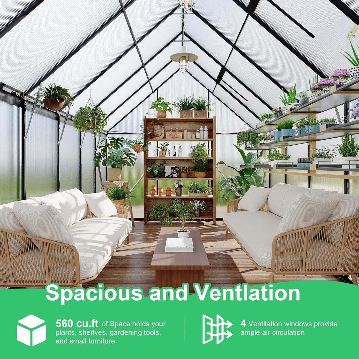Greenhouse 8x14 FT Aluminum-Framed Heavy Duty Polycarbonate with Quick Setup Structure and Roof Vent Large Enhanced Outdoors Green House Kit