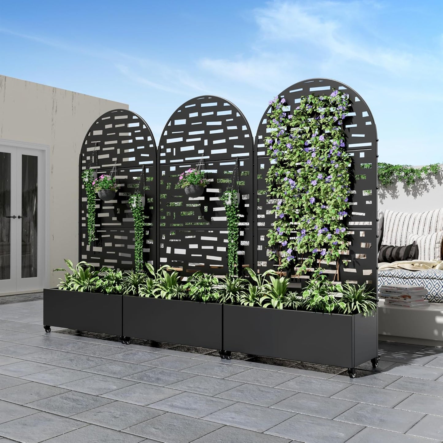 Casaphoria Metal Raised Garden Bed with Trellis and Wheels, 72"x35"x16" Arched Planter Box for Climbing Plants, Vegetables & Vines, Features Drainage Holes and Privacy Screen (Black-Gerald)