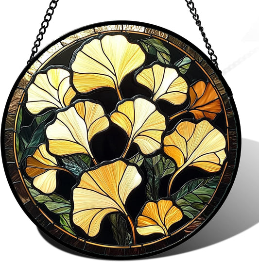 Stained Glass Window Hanging - Ginkgo Leaf Suncatcher for Doors Garden Patio Retro Fall Decor Sun Catchers Christmas Mother's Day Birthday Gifts for Women Men Mom Nana Friend 15 in