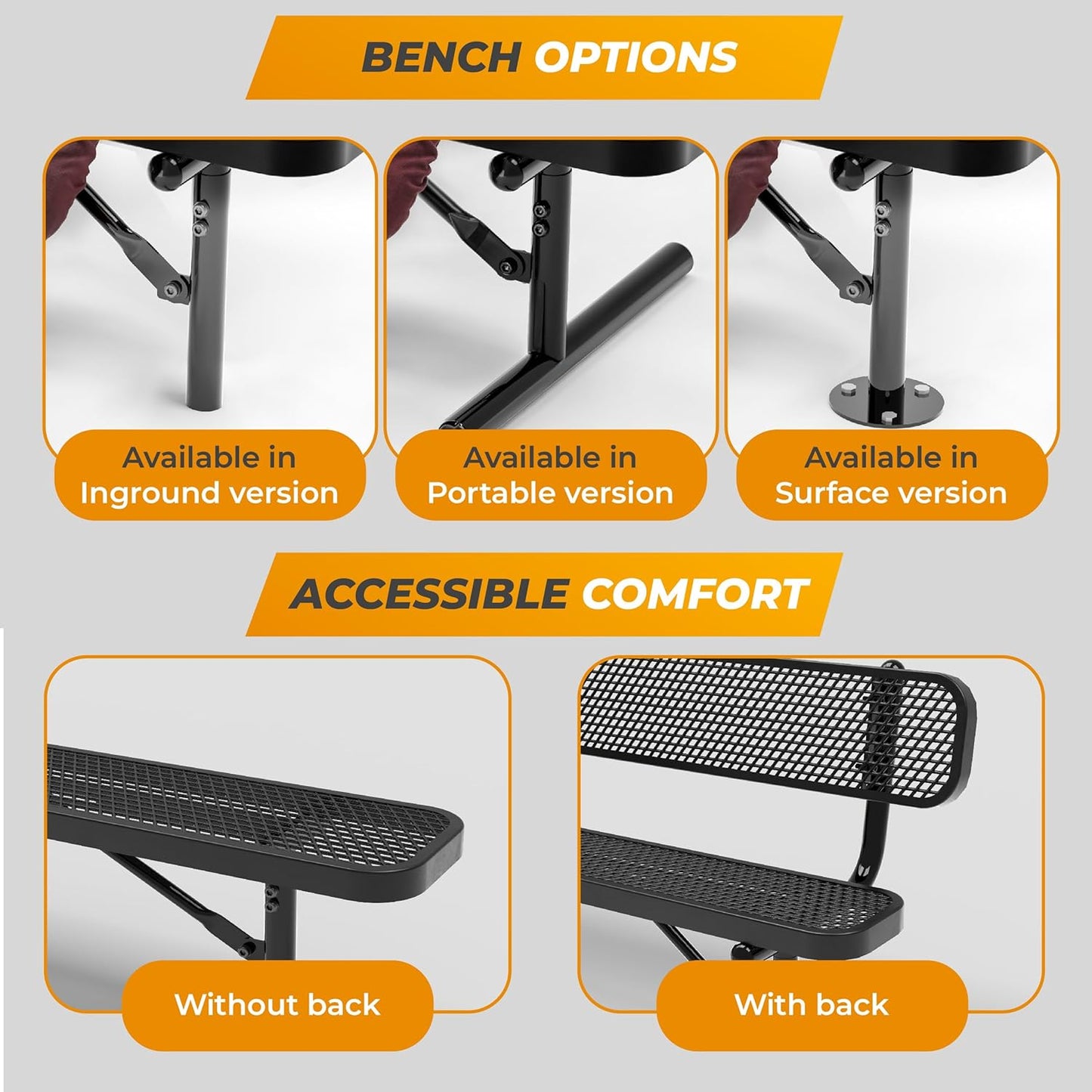 Heavy-Duty Outdoor Metal Bench, Thermoplastic-Coated, Inground, Weatherproof, Commercial-Grade for Parks, Gardens, Patios, Stores & More (8 Ft - Inground, Black)