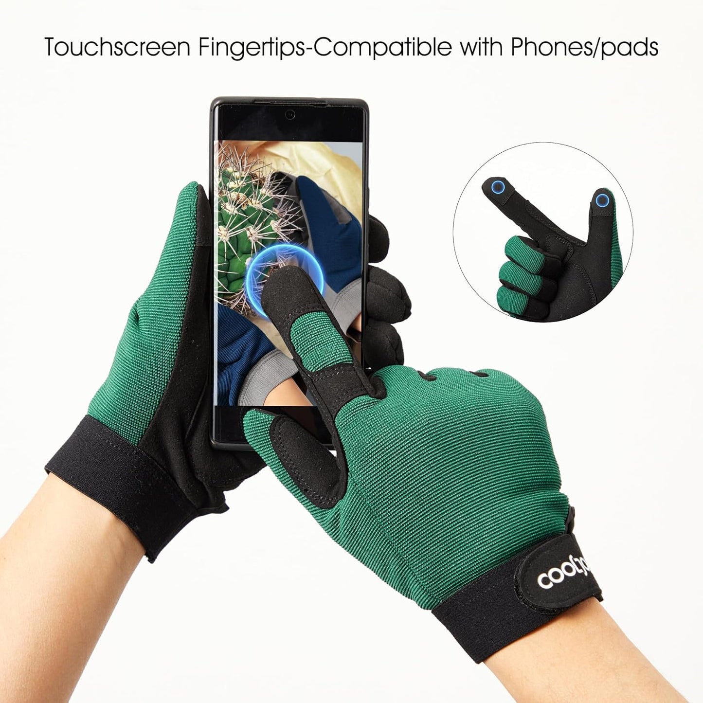 COOLJOB Thorn Proof Garden Gloves with Touchscreen Fingers for Men, Rose Pruning Work Gloves with Palm Cushion for Gardener, Farmer and Landscaper (Green 1 Pair Large)