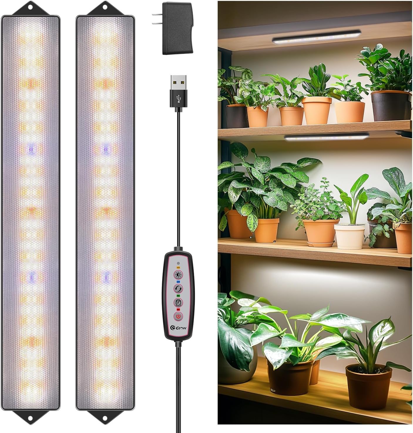Wolezek Grow Lights for Indoor Plants, 210 LEDs Full Spectrum Plant Grow Light Strips with Upgared 4/8/12/16H Auto Timer, 13.8 Inches Bright Grow Lamp Bar for Plant Shelves and Cabinet, 2 Pack