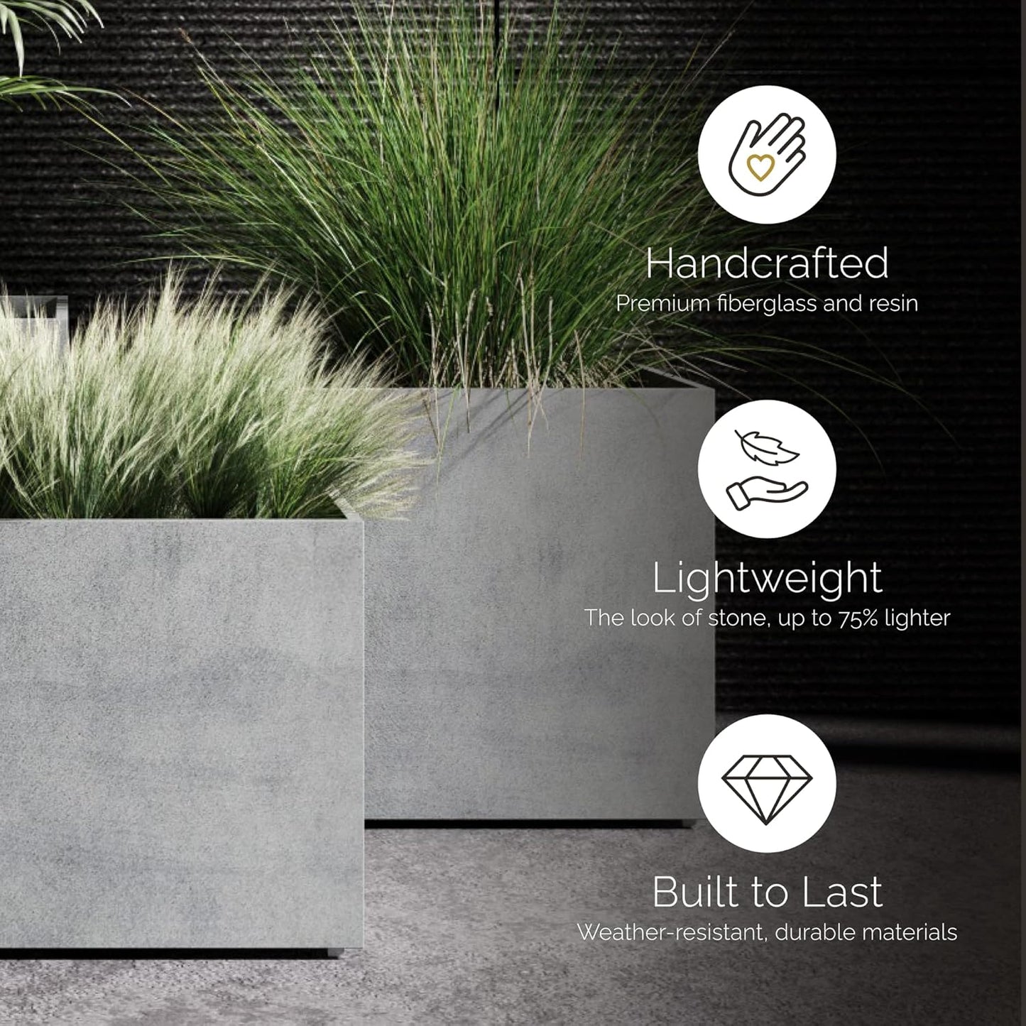 Reglito Cube Planter – Fiberglass Indoor/Outdoor and Weather-Resistant Large Planter (Sand Stone, 23.6" L x 23.6" W x 24.2" H)