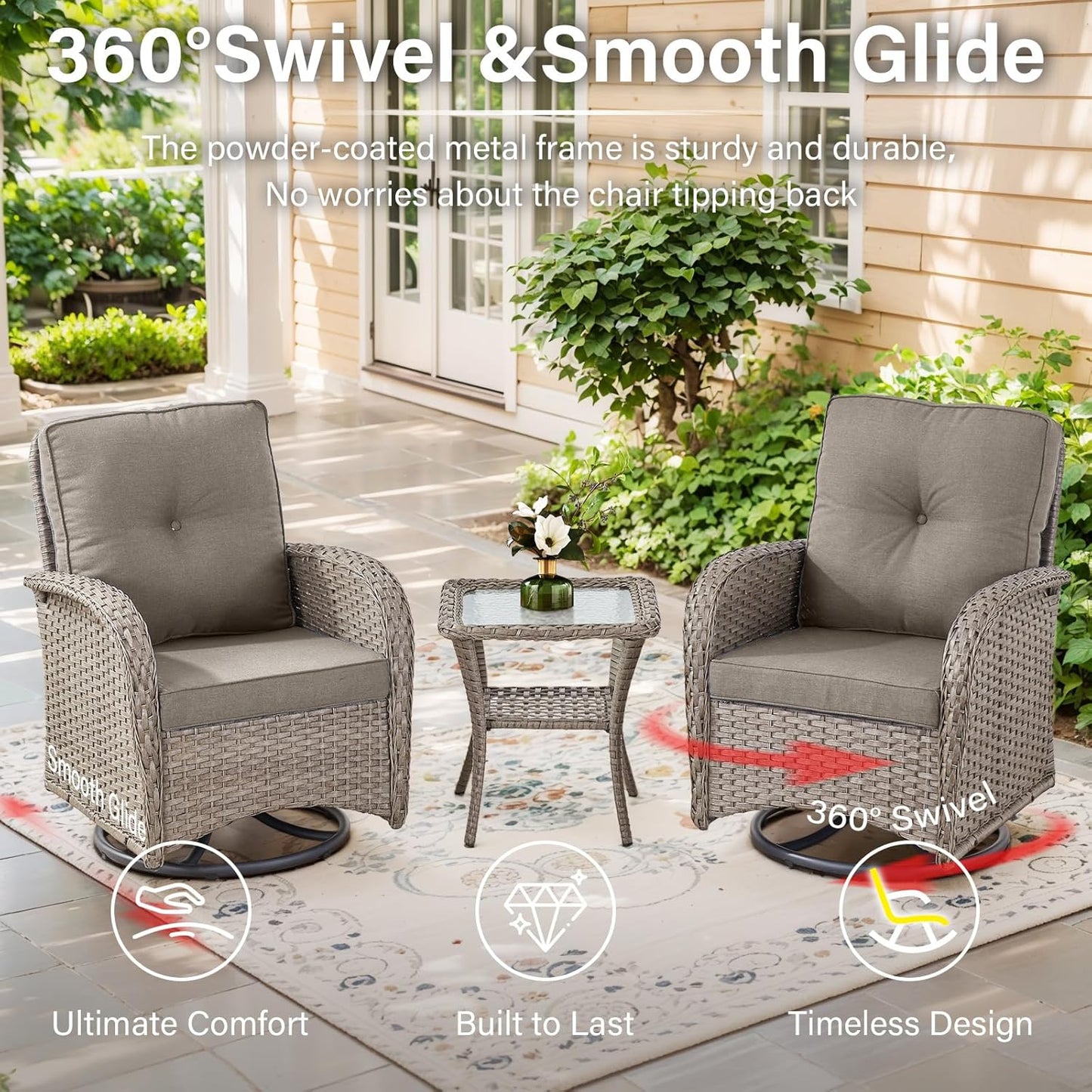 7-Piece Modern Gray Wicker Patio Conversation Set - 4 Swivel Glider Chairs & 50,000 BTU Propane Fire Table