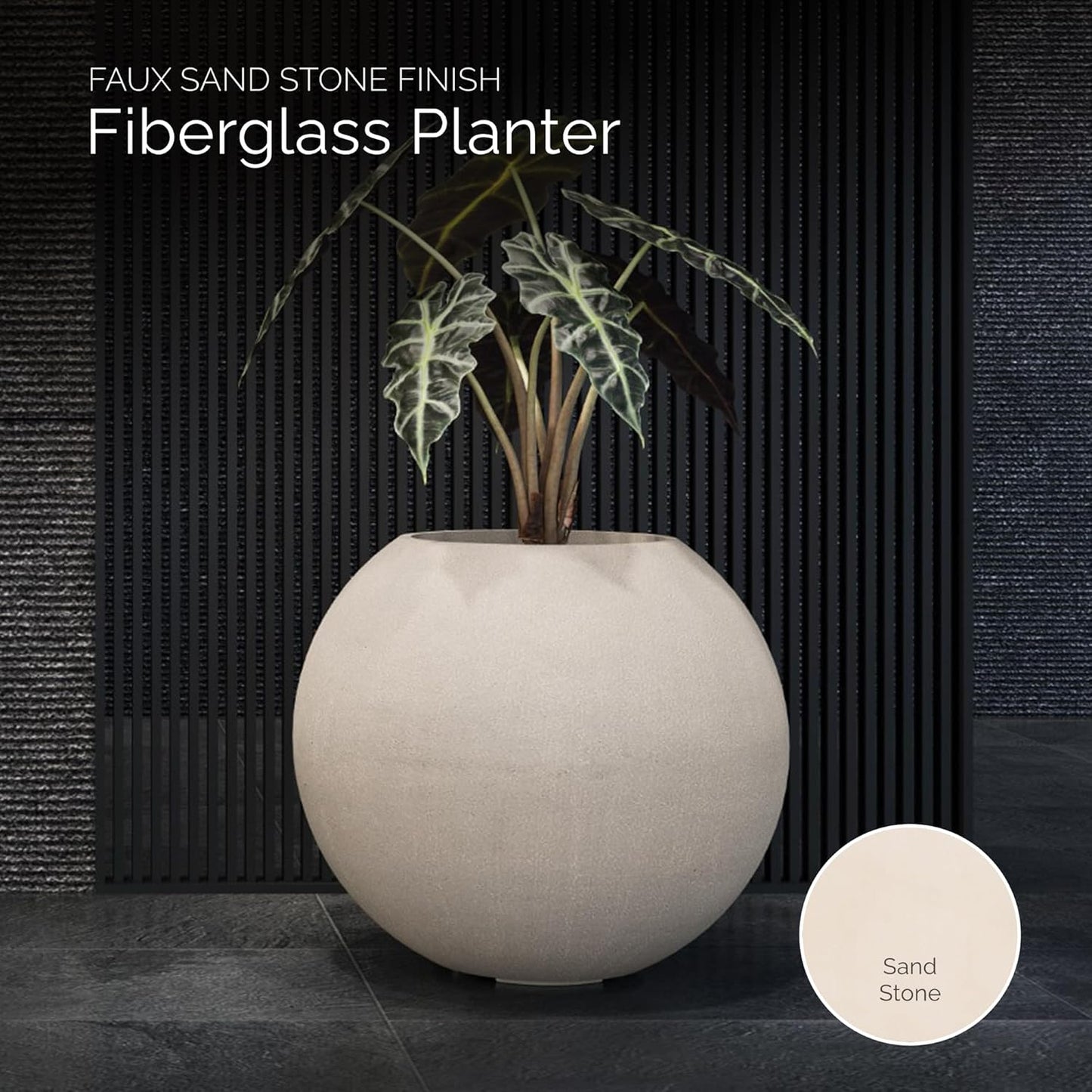 Orbo Large Planter – Fiberglass Indoor/Outdoor and Weather-Resistant Globe Planter (Sand Stone, 35.4" D x 31.3" H)