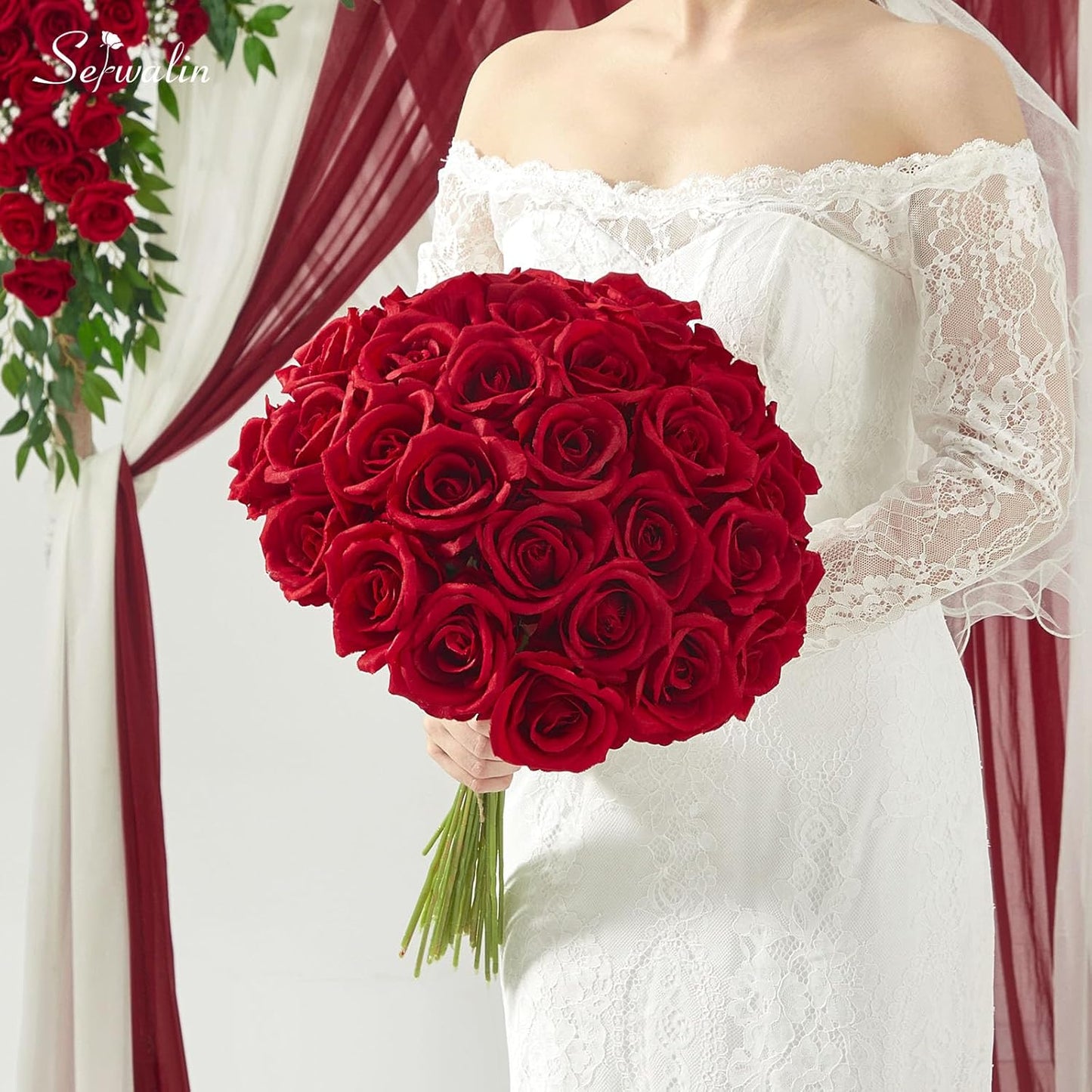 Serwalin 30PCS Red Roses Artificial Flowers, Realistic Red Roses Bouquet with Long Stems Fake Silk Roses Flowers for Wedding Centerpieces Bridal Bouquet Party Home Decor