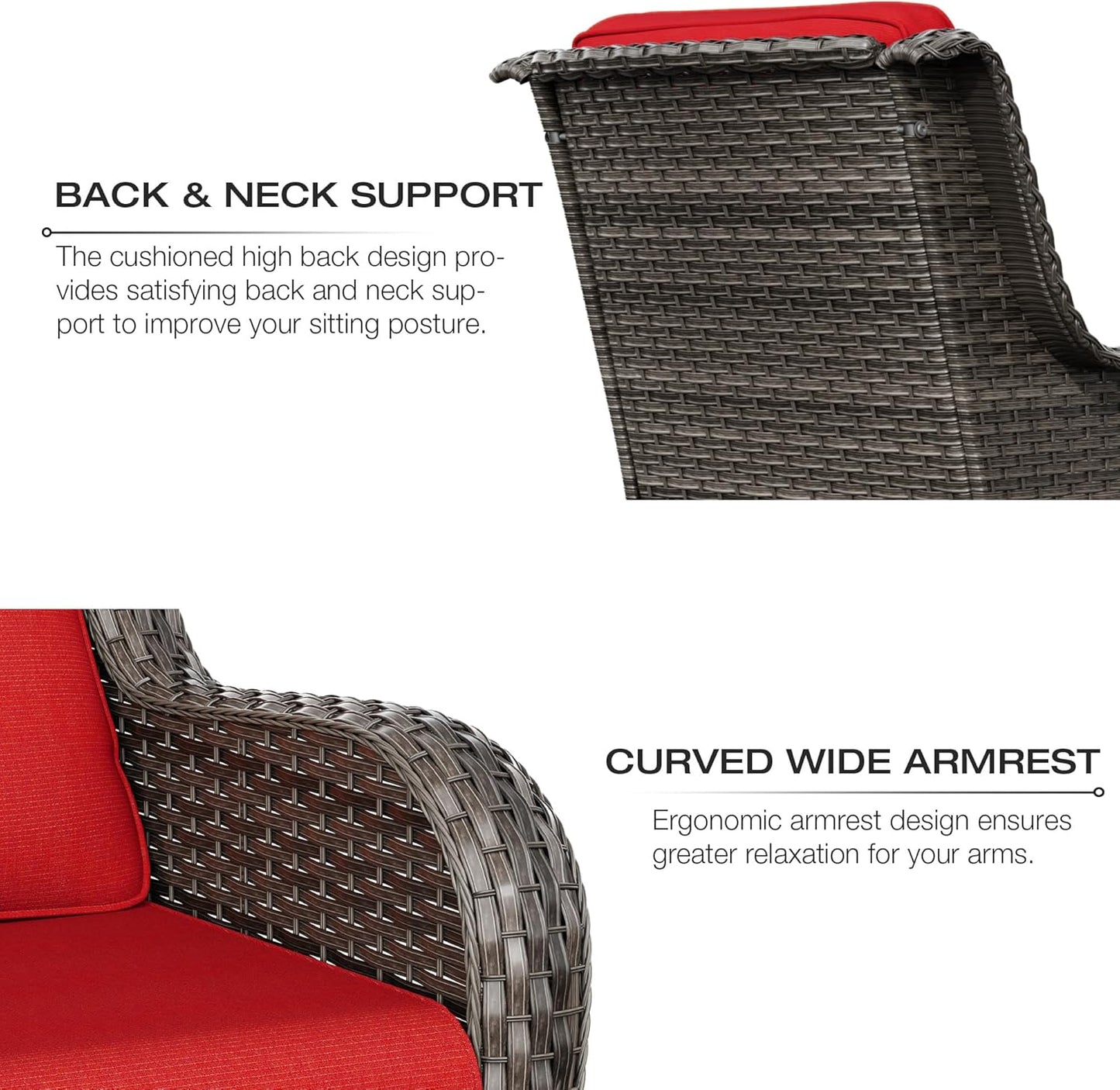 Joyside Wicker Patio Furniture Sets 7 Piece Set with One 3-Seat Sofa, Four Armchairs, Two Ottomans, Wicker Outdoor Furniture Sectional Conversation Set(Mixed Grey/Red)