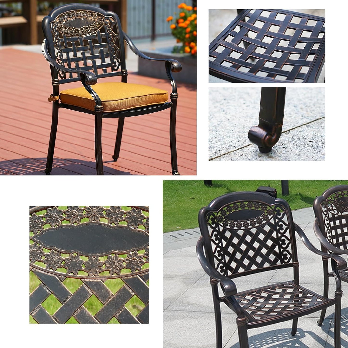 Outdoor Dining Chair Cast Aluminum Patio Chairs Set of 2 All-Weather Patio Dining Chair with Adjustable Feet for Backyard Garden (Positive Lattice Landscape Chair)