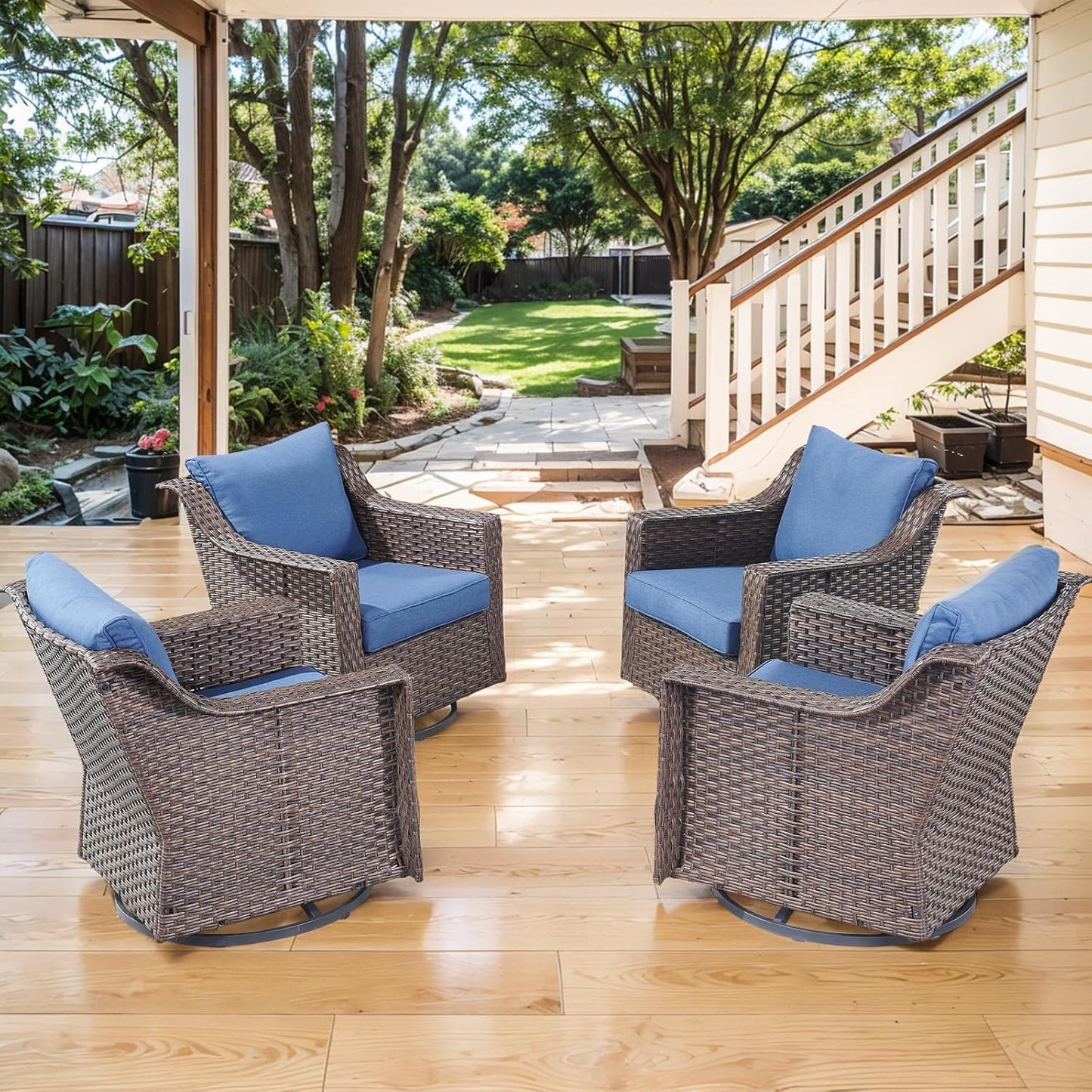 Outdoor Patio Wicker Swivel Chairs - Set of 4 Outside Rattan Rocker Glider Chair Rocking Armchairs for Front Porch Balcony Backyard Yard Deck Poolside Apartment – Brown/Blue