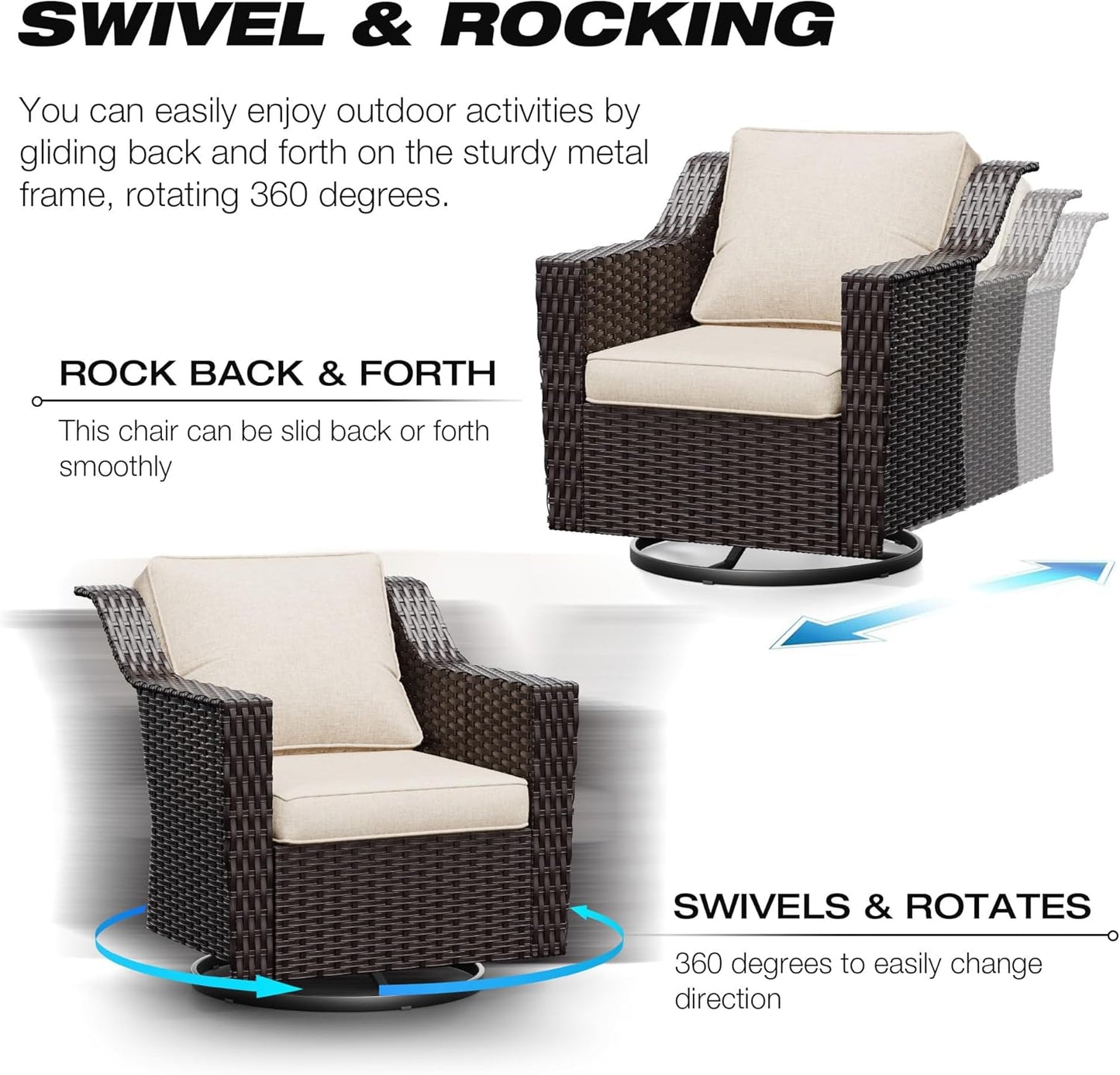 Joyside Wicker Patio Furniture Sets, 6 Pieces Upgraded Large Size Outdoor Furniture with Swivel Rocking Patio Chairs, Outdoor Ottoman, 3-Seat Sofa and Side Table, Thick Cushions, Wide Armrest