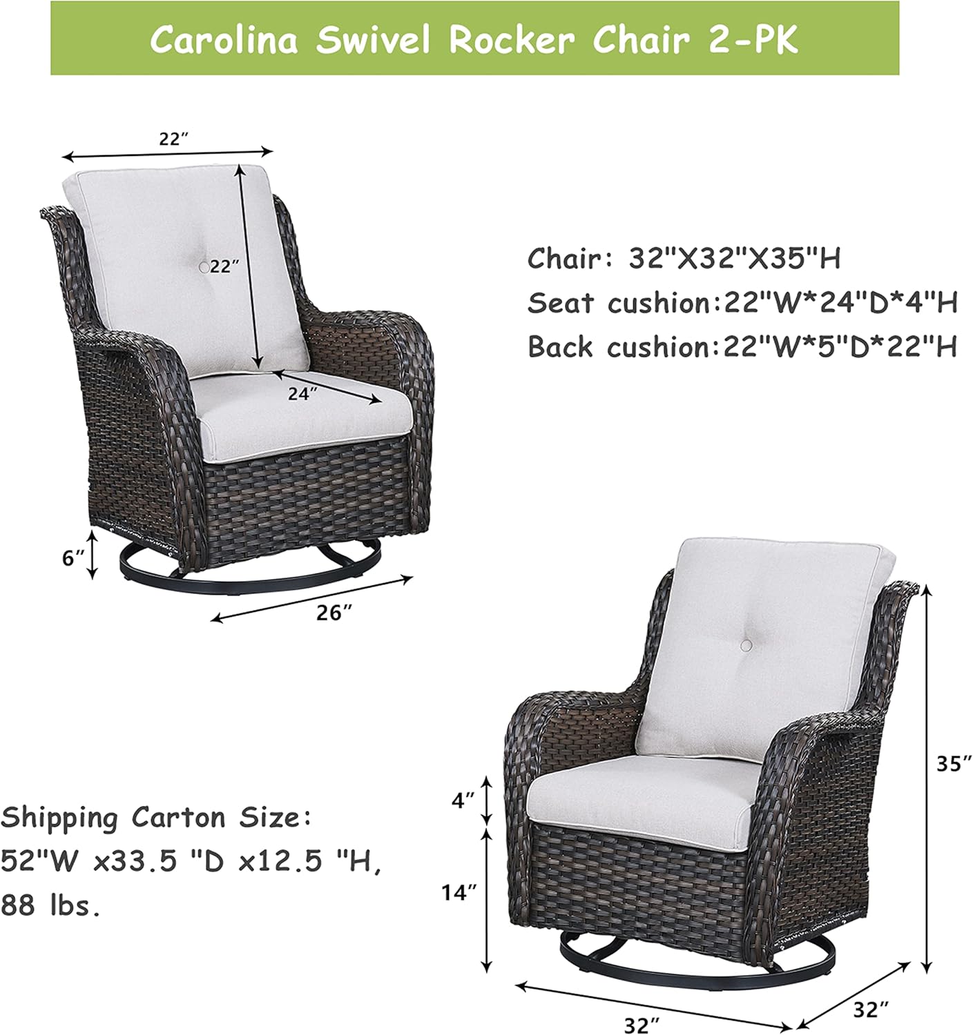 Outdoor Patio Swivel Rocker Chairs - Wicker Rattan Patio Swivel Rocking Chairs Set of 2 with High Back,Deep Seating and Comfort Cushions for Deck Porch Garden,Brown/Beige