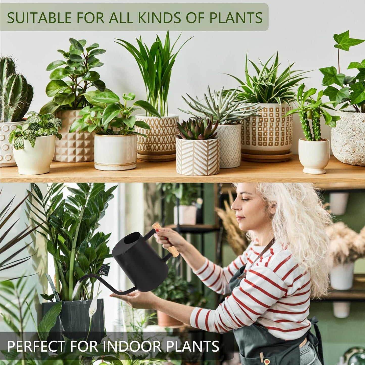 Plant Watering Can,35oz Metal Watering Can,Stainless Steel Indoor Plants with Long Curved Spout,Small Bonsai Outdoor Garden Modern Decorative(Black)