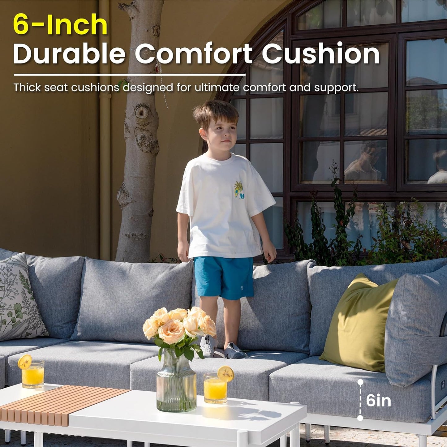 Sundale Outdoor 7 Pieces Metal Patio Furniture Set, Outdoor Sectional Sofa w/6 Inch Olefin Cushion and Coffee Table, Modern Outdoor Conversation Sets