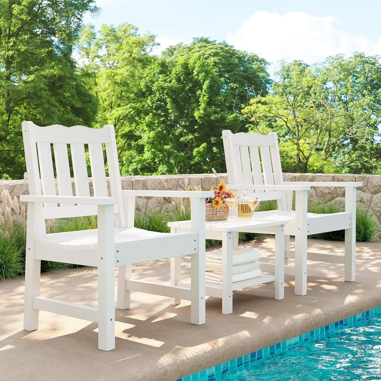 Stoog 3 Piece Patio Dining Sets, All-Weather Patio Chairs with Curved Backrest, Include 2 Garden Chairs and 1 Side Table, White