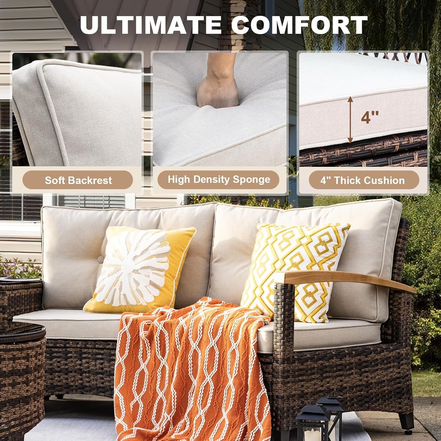 8 Piece Outdoor Patio Furniture Set, Half-Moon Curved Sectional Set with Wood Armrests, Patio Conversation Set, 2 Half-Moon Ottomans, Round Table & Side Table (Brown)