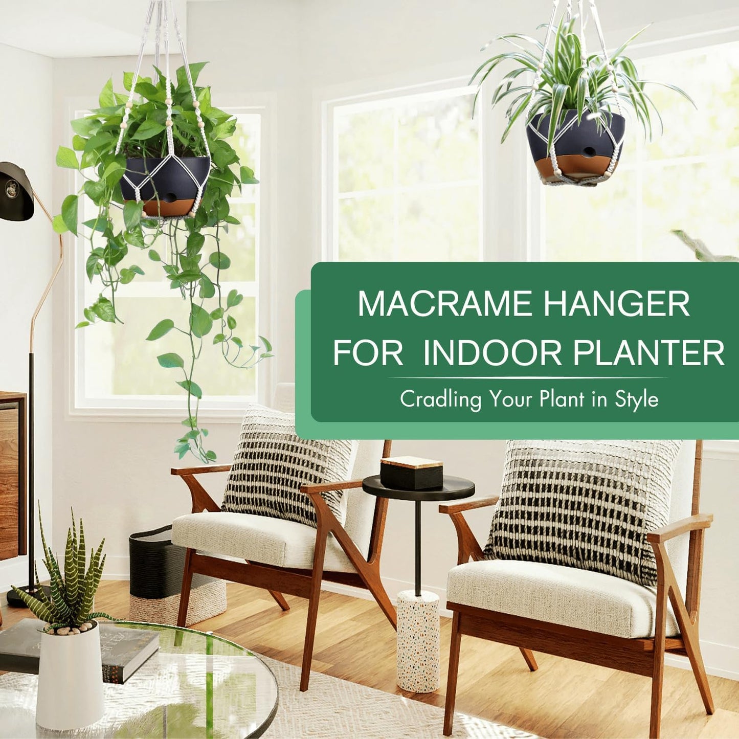 Set of 2-8 Inch Hanging Planters for Indoor Plants with Self-Watering Includes Hanging Pots for Plants, Outdoor Hanging Plant Pot with Drainage, and 2 Types of Baskets Hangers (Black)