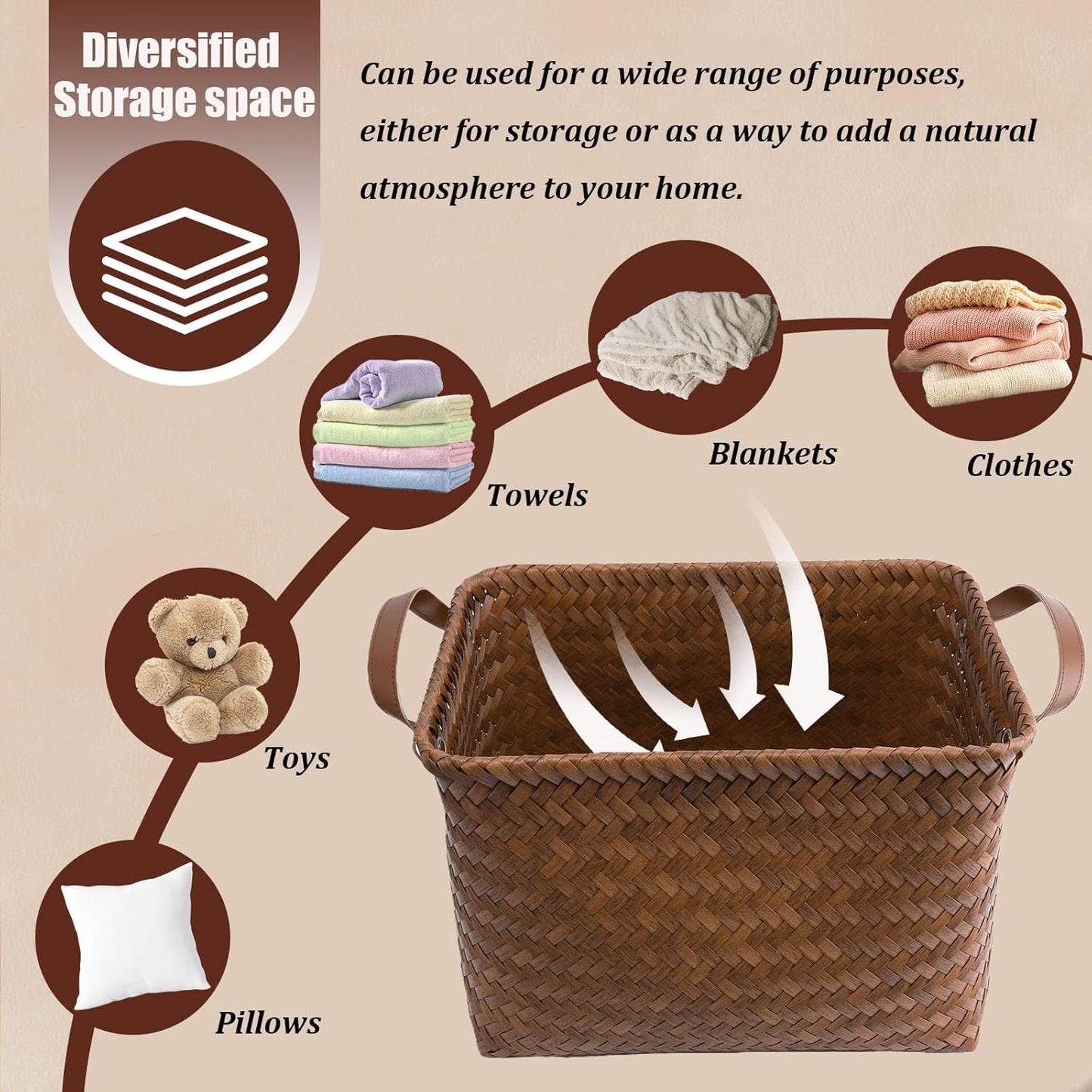 BROWNLILY Handwoven Clothes Basket Laundry Hampers Large Wicker Storage Baskets for Shelves Blankets Closet Storage Bins Car Bedroom Bathroom Organizers and Storage Bath (6, Brown)