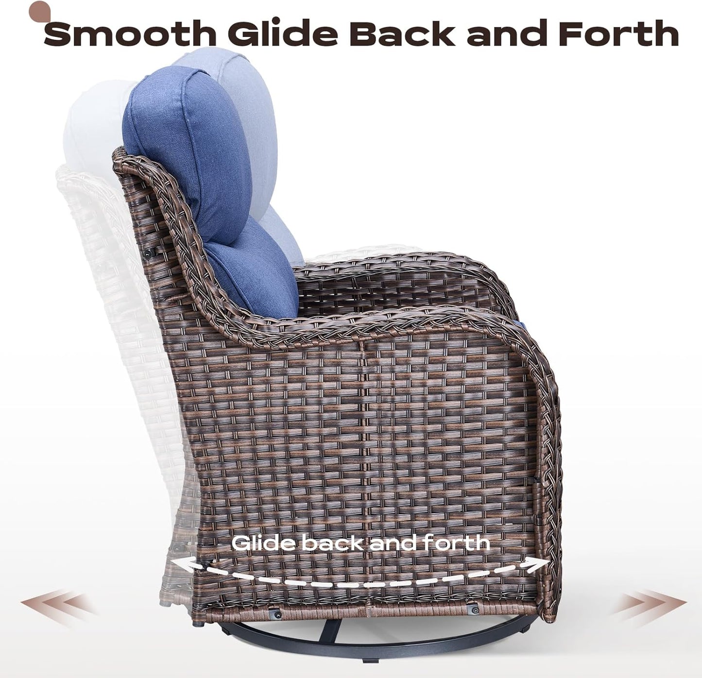 Wicker Outdoor Patio Furniture Set - 8 Piece Patio Conversation Sets with Swivel Rocker Chairs, Ottomans, Sofa and Table, 6 inch Cushions, Deep Seating, for Porch Deck Brown/Blue