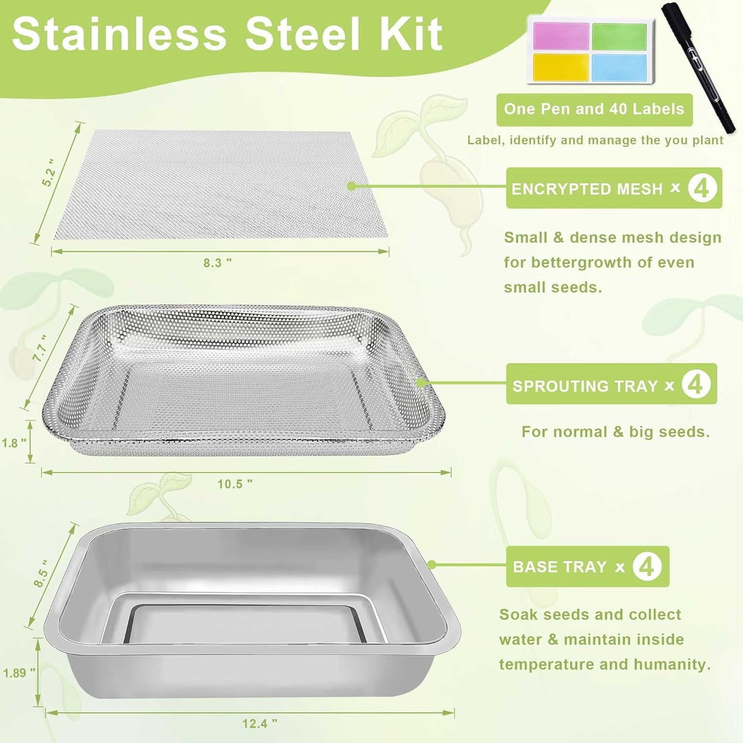 Stainless Steel Sprouts Growing Kit 4-Tier 12.4 inch Trays, Microgreens Growing Kit, Seed Sprouting Tray with Encrypted Mesh Sprouts for Beans Alfalfa Broccoli Wheat Grass
