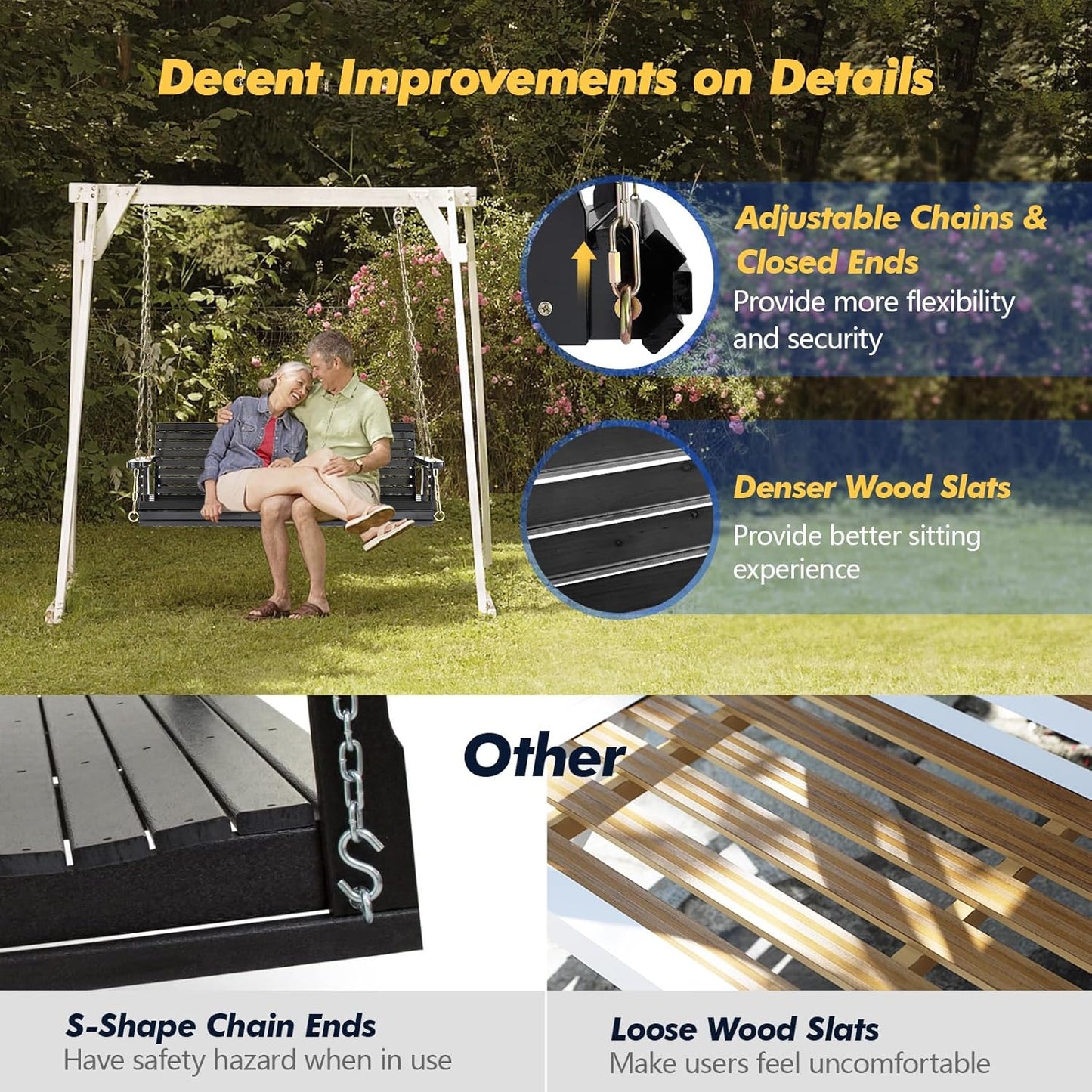 VINGLI Upgraded Patio Wooden Porch Swing for Courtyard & Garden, Heavy Duty 880 LBS Swing Chair Bench with Hanging Chains for Outdoors (Black, 5 FT)